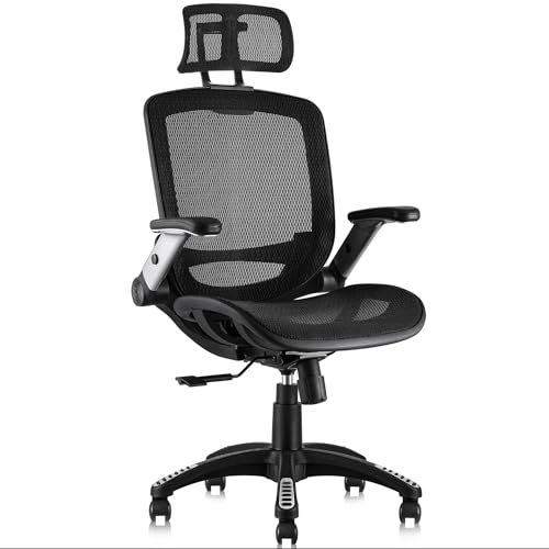 GABRYLLY Ergonomic Office Chair, High Back Home Desk Chair with Headrest, Flip-Up Arms, 90-120° Tilt Lock and Wide Cushion, Big and Tall Mesh Chairs for Man Woman, Black Task Chair