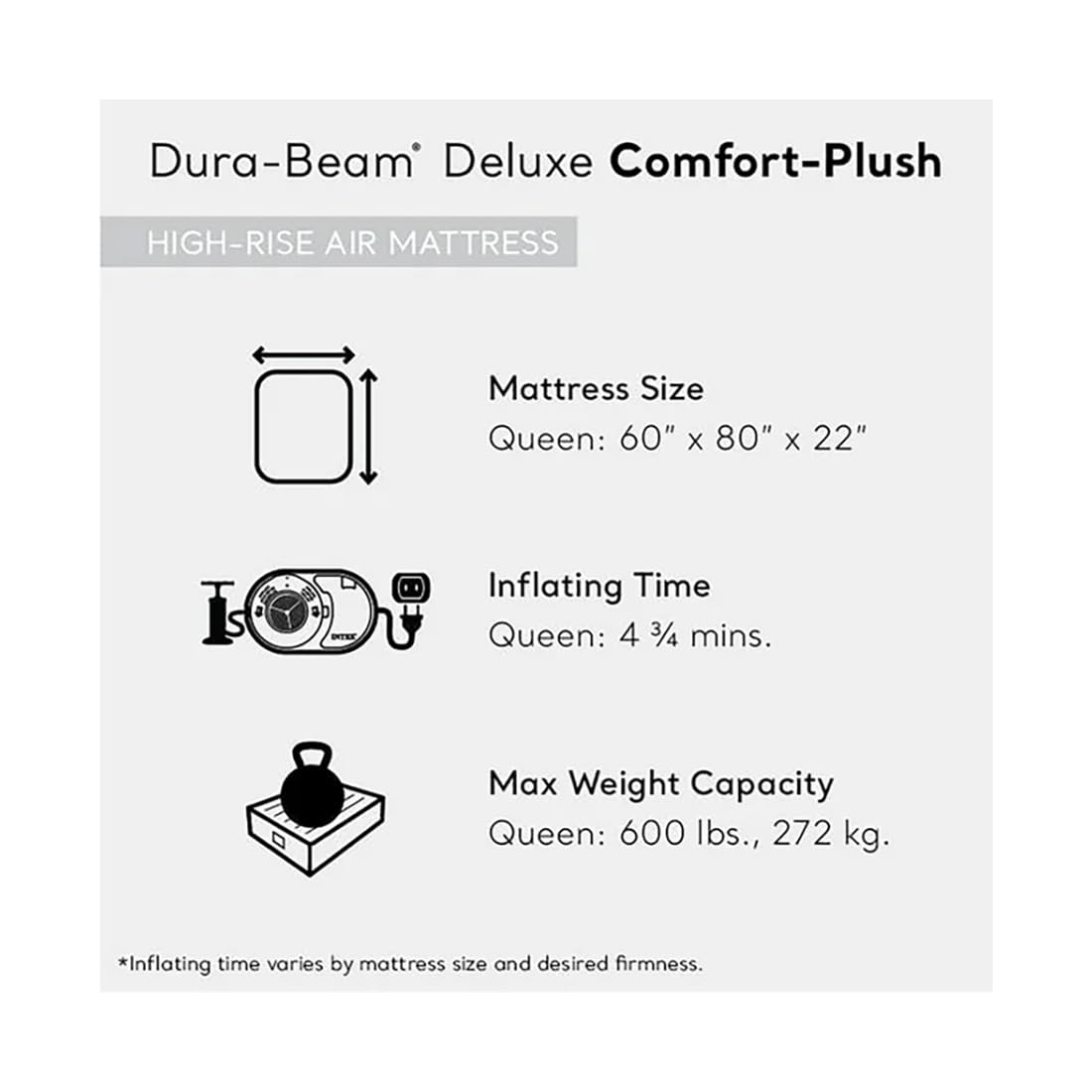 Intex: Dura-Beam Deluxe Comfort-Plush Air Mattress - 22" Queen Blue - Built-in Electric Pump, Durable Fiber-Tech, Carry Bag Included, 600lb Capacity