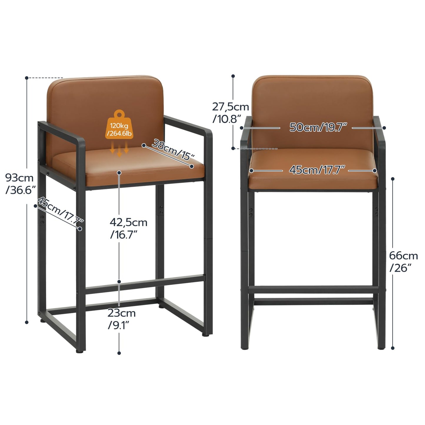 HOOBRO Bar Stools Set of 2, 26" Counter Height Bar Stools with PU Upholstered, Breakfast Stools with Armrest and Footrest, for Kitchen, Dining Room, Bar, Cafe, Rustic Brown and Black BC50BYP201