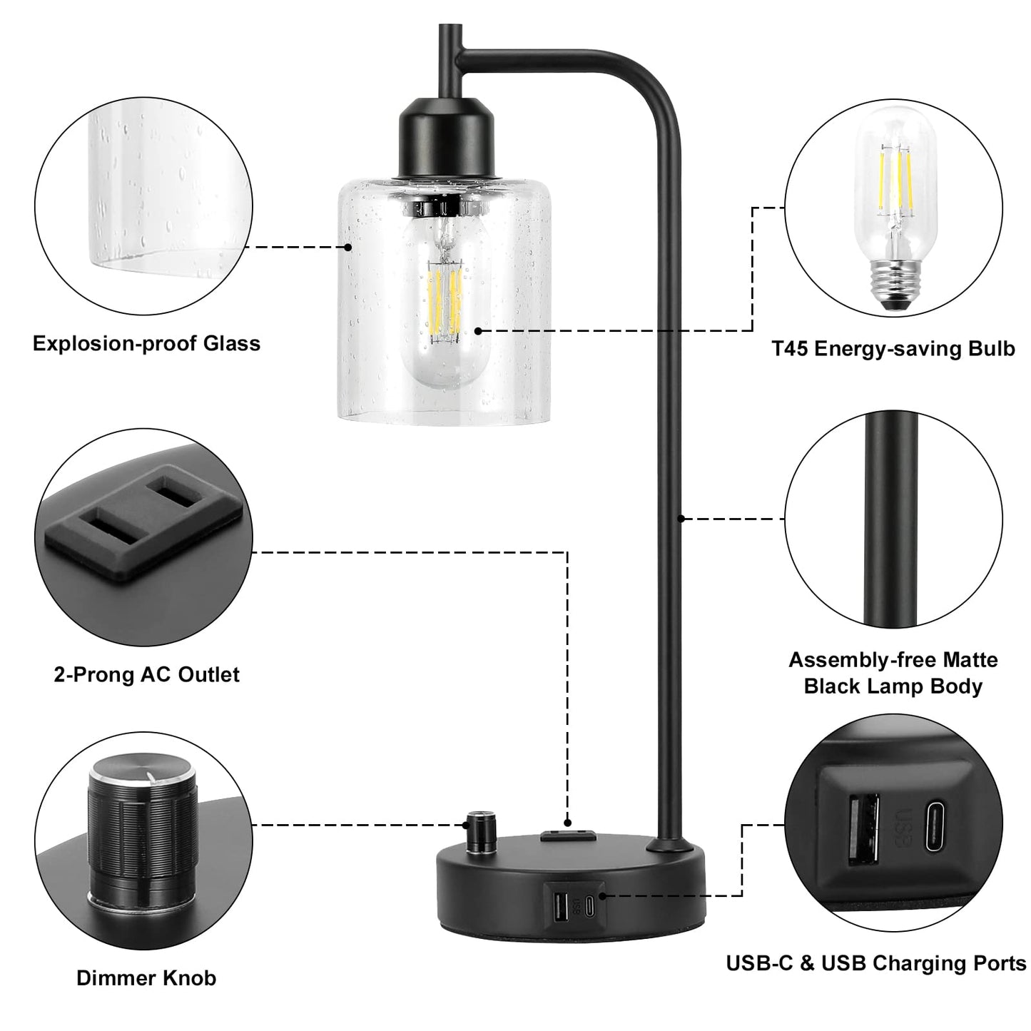 Industrial Table Lamps for Bedrooms Set of 2 - Fully Dimmable Bedside Lamps with USB A and C Ports and Outlet, Black Nightstand Lamps with Glass Shade for Living Room, Desk Lamps for Office Reading