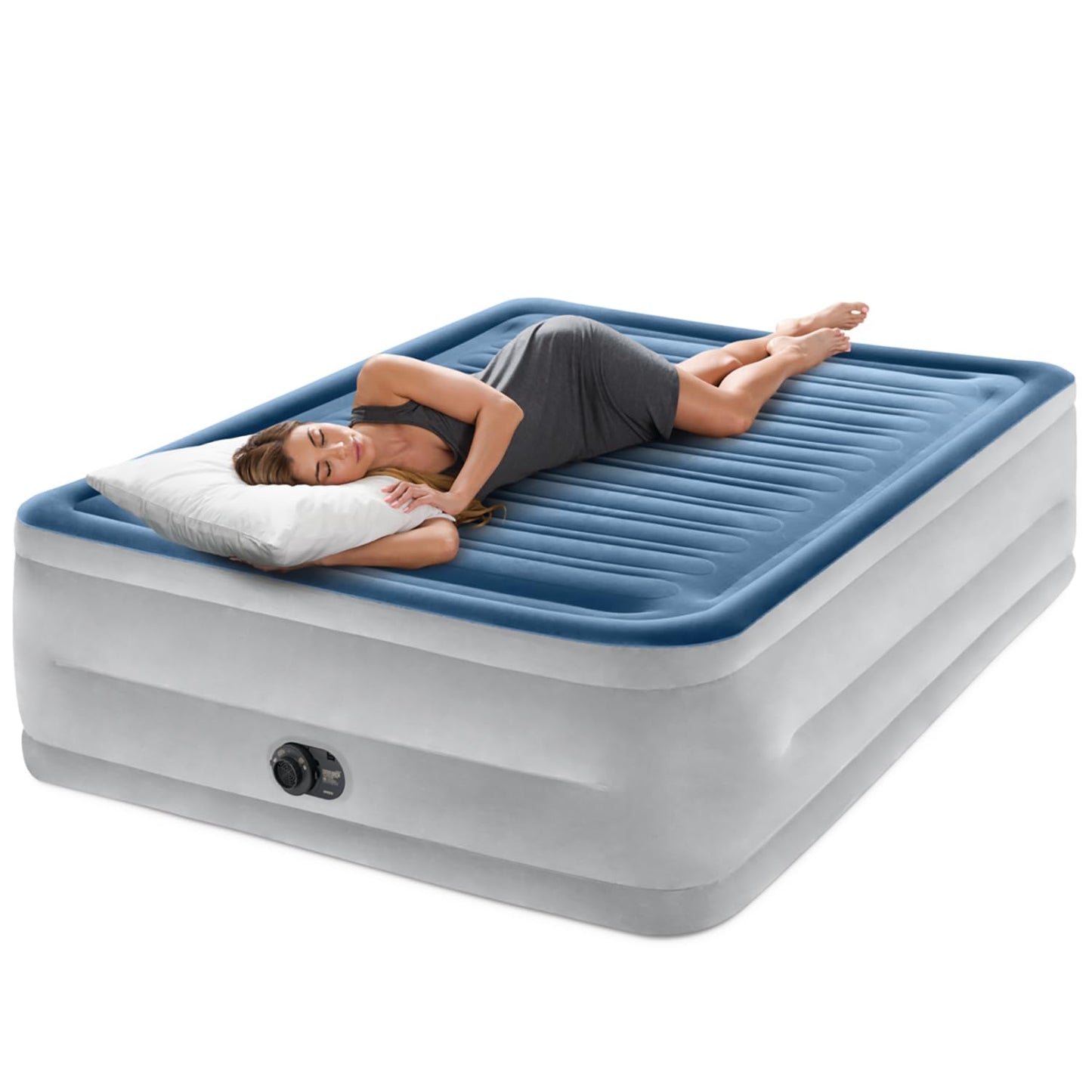 Intex: Dura-Beam Deluxe Comfort-Plush Air Mattress - 22" Queen Blue - Built-in Electric Pump, Durable Fiber-Tech, Carry Bag Included, 600lb Capacity