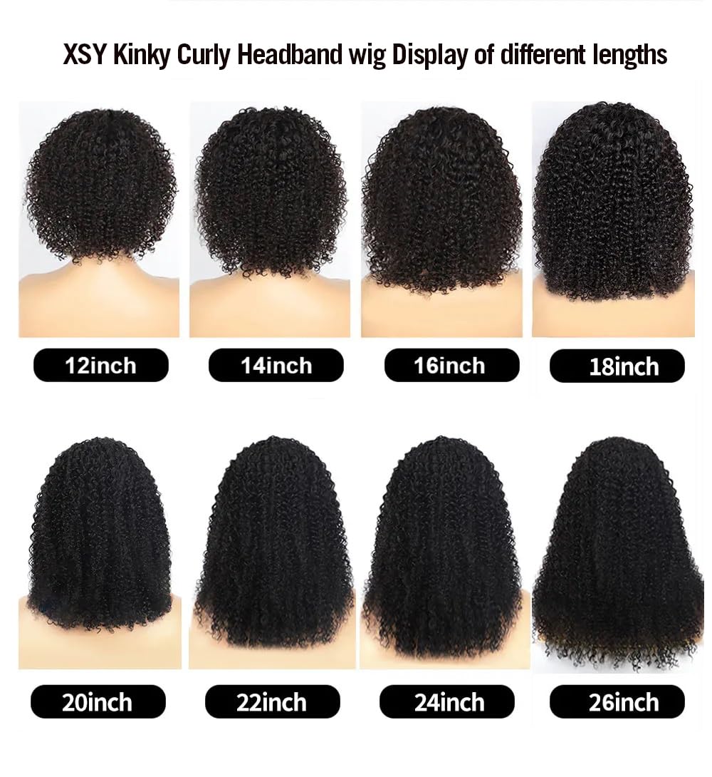 XSY Headband Wig Human Hair 20 Inch Kinky Curly Headband Wigs for Black Women Curly Human Hair Wigs Glueless None Lace Front Wig Brazilian Virgin Human Hair 150% Density Natural Black Color