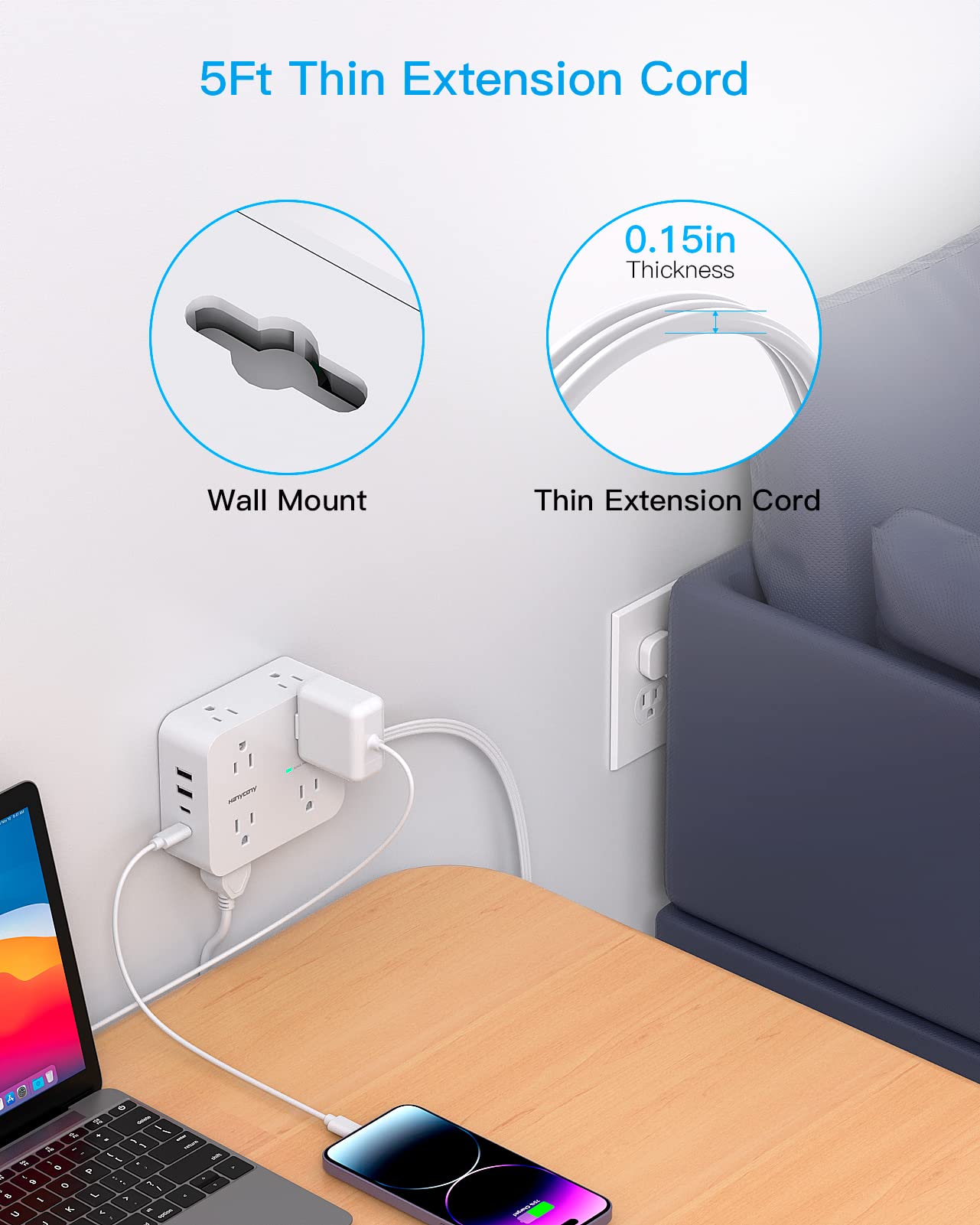 Surge Protector Power Strip, Extension Cord with Multiple Outlets, 5 Ft Ultra Thin Flat Plug 8 Outlets 4 USB Ports(2USB C),1080J Multi Plug Outlet Extender for Home Office College Dorm Room Essentials