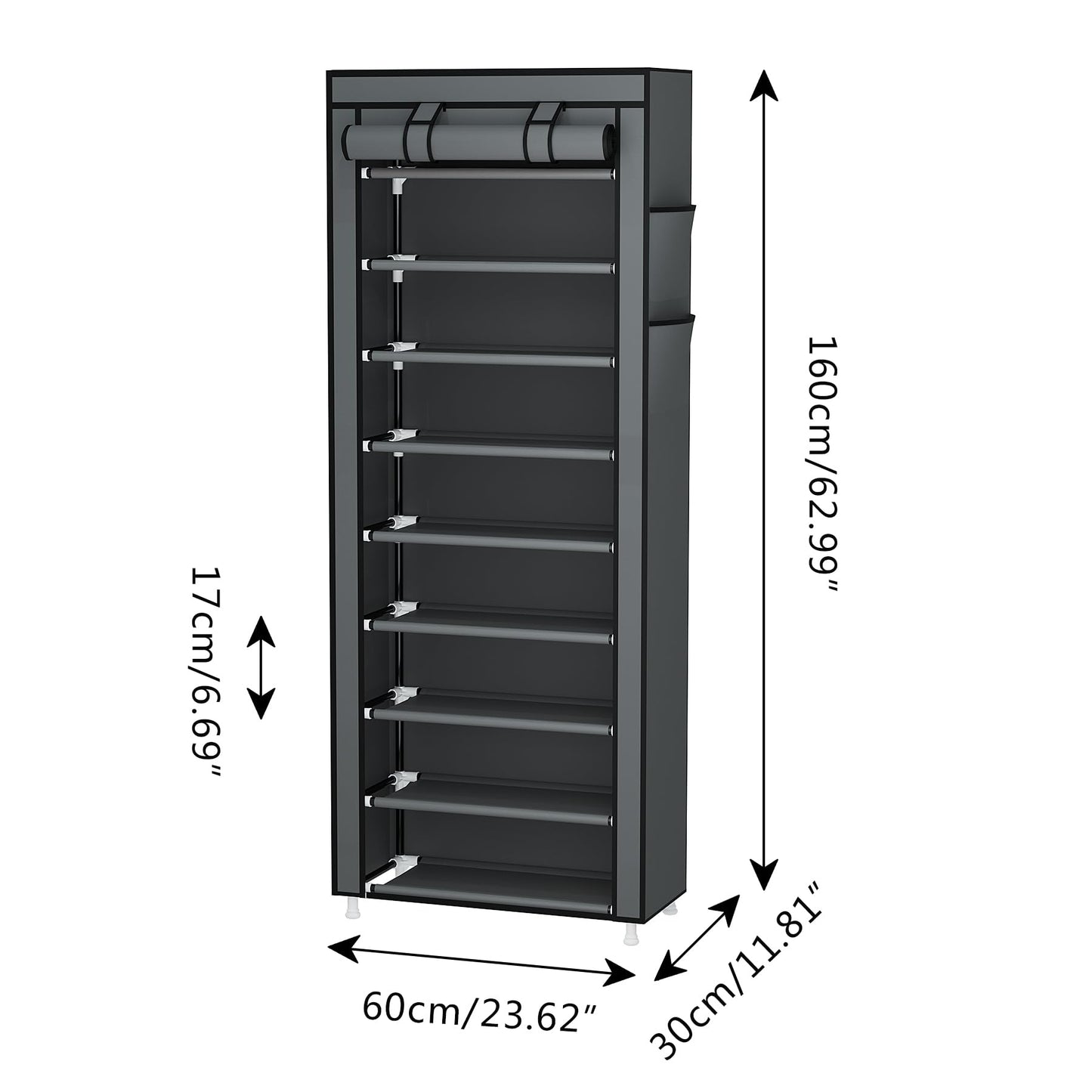 Calmootey 9 Tier Shoe Rack Organizer,Portable Shoe Shelf with Nonwoven Fabric Cover for Closet Hallway,Bedroom,Entryway,Grey