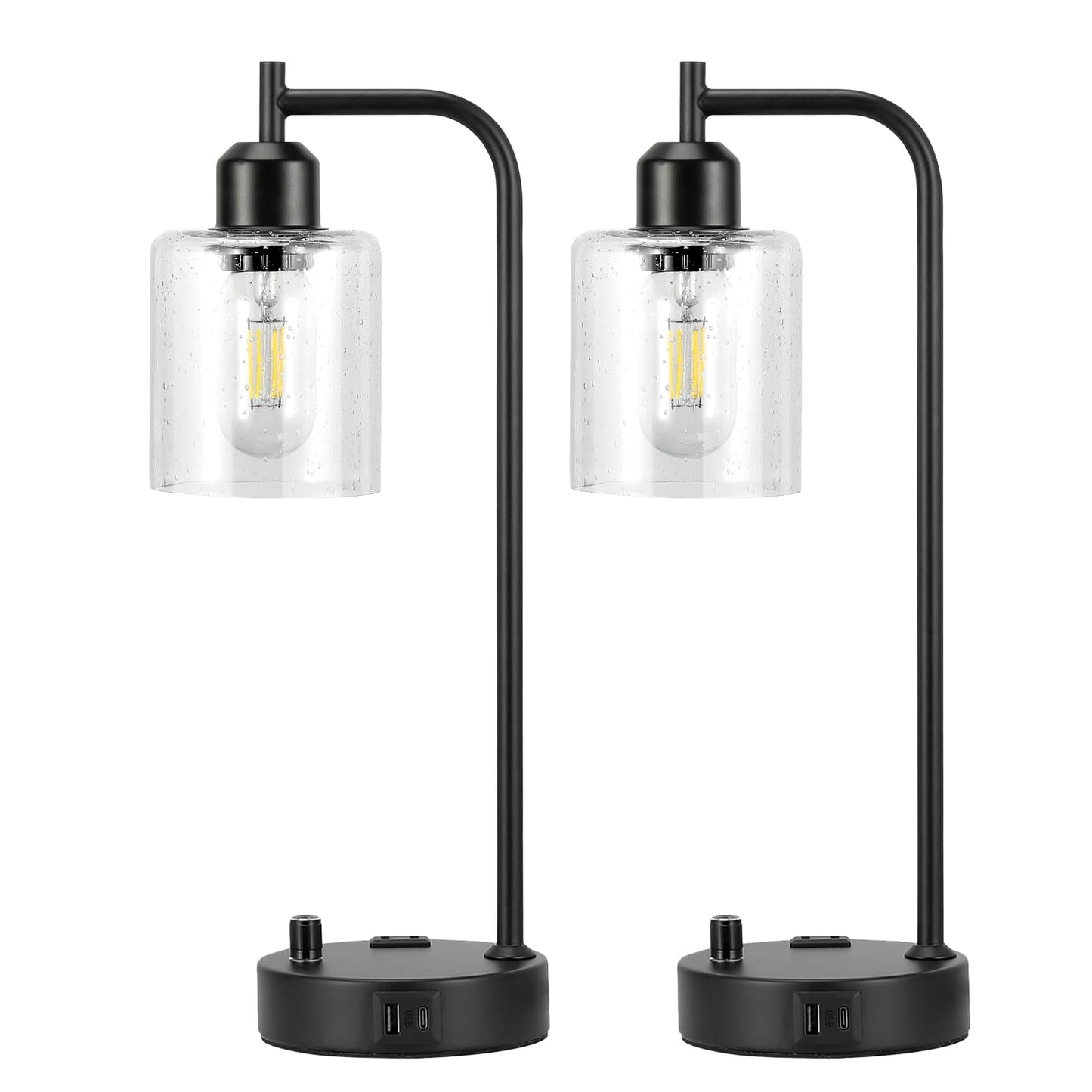 Industrial Table Lamps for Bedrooms Set of 2 - Fully Dimmable Bedside Lamps with USB A and C Ports and Outlet, Black Nightstand Lamps with Glass Shade for Living Room, Desk Lamps for Office Reading