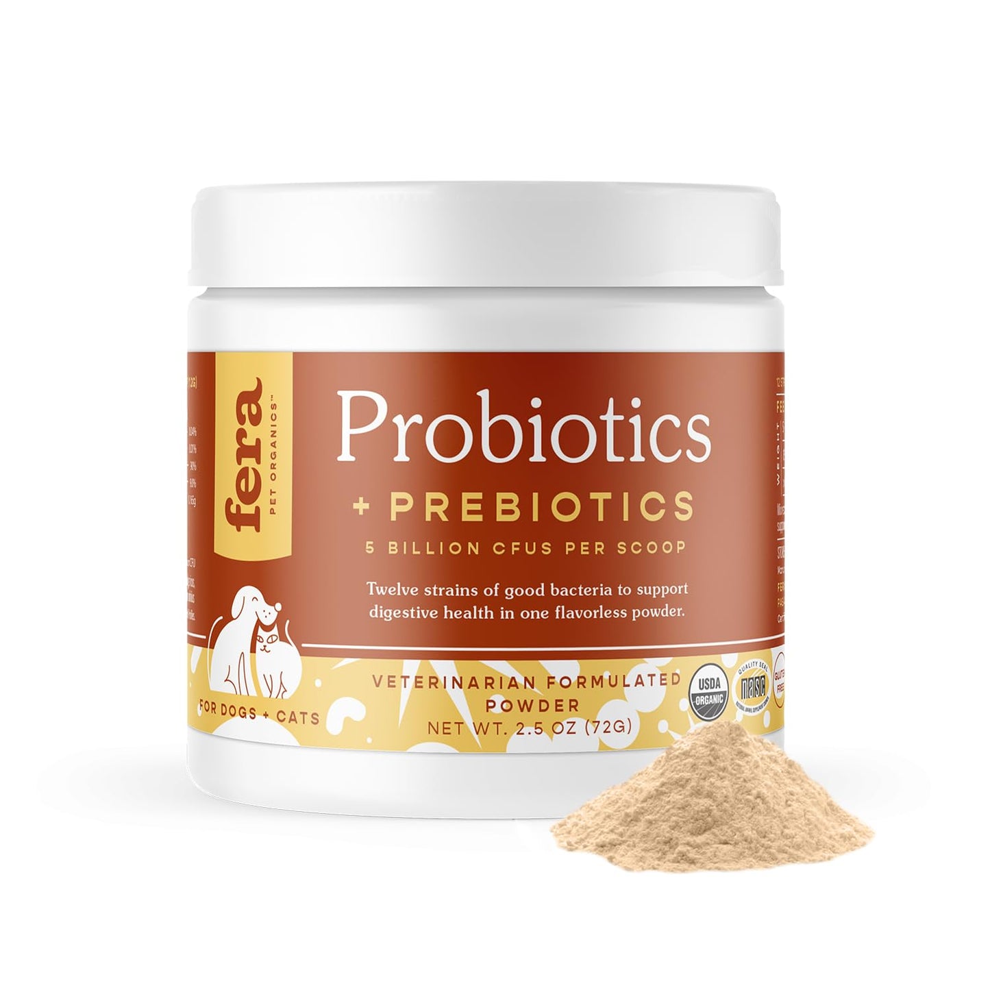 Fera Pets Organic Probiotics for Dogs & Cats - Cat & Dog Probiotic Supplement with 12 Strains & Prebiotics for Your Pet’s Digestion - 60 Scoops