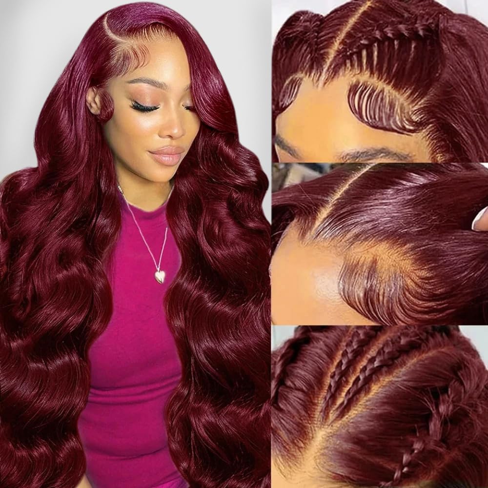 30 Inch 99j Burgundy 13x6 Body Wave Lace Front Wigs Human Hair 200% Density Glueless HD Transparent Lace Frontal Wigs Human Hair Pre Plucked With Baby Hair Burgundy Wine Red Human Hair Wigs For Women