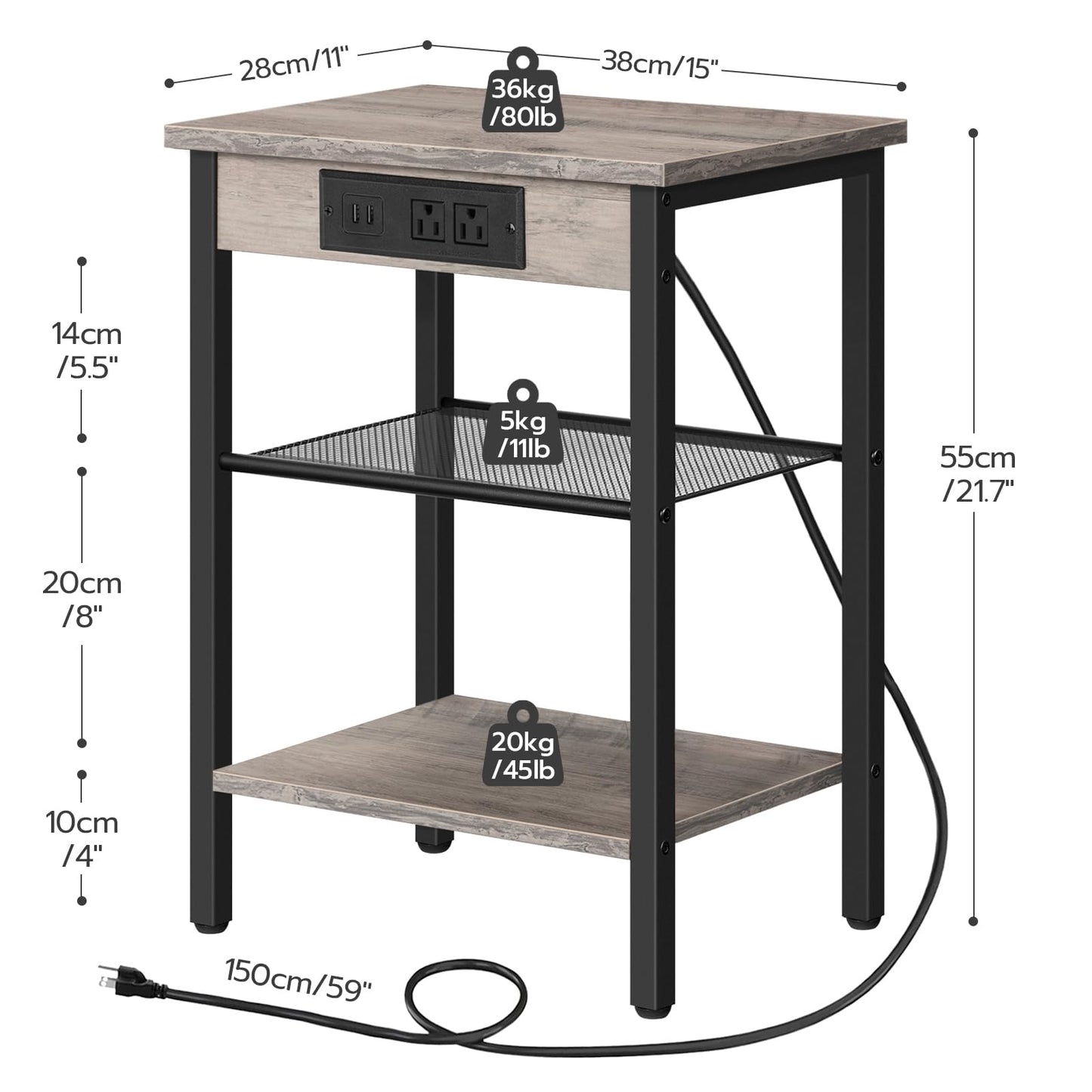 HOOBRO End Tables Set of 2 with Charging Station and USB Ports, 3-Tier Nightstands with Adjustable Shelves, Small Side Tables for Small Space in Living Room, Bedroom and Balcony, Greige BG112BZP201