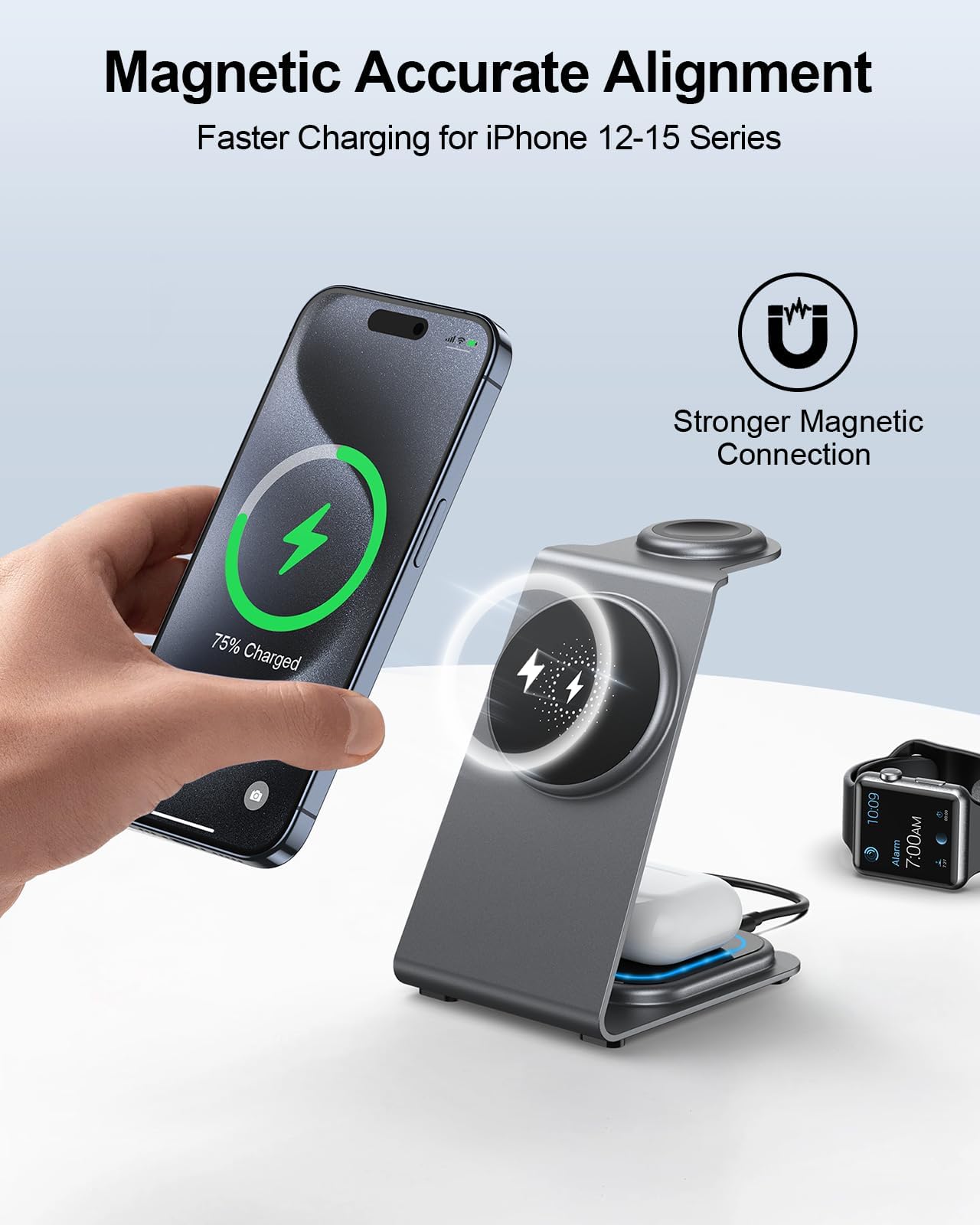 Charging Station for Apple Magnetic Devices - ZnnYoo Upgrade Aluminum Alloy 3 in 1 Wireless Charger for iPhone 16 15 14 13 12 Pro Max Plus Mini Series,Apple Watch 9/8/7/6/5/4/Ultra/SE,AirPods Pro/3/2