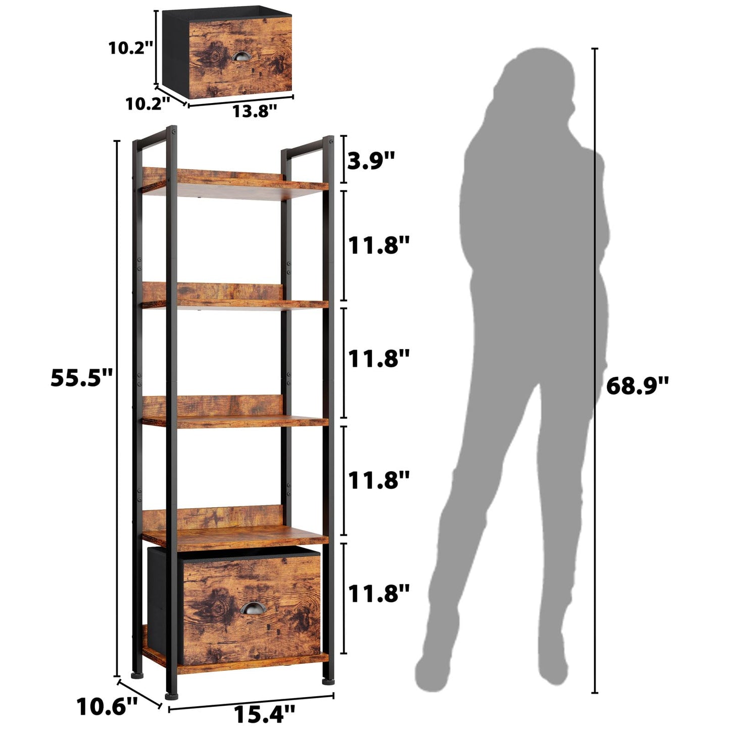 Furologee 5 Tier Bookshelf with Drawer, Tall Narrow Bookcase with Shelves, Wood and Metal Bookshelves Storage Organizer, Industrial Display Standing Shelf Unit for Bedroom, Living Room, Rustic Brown