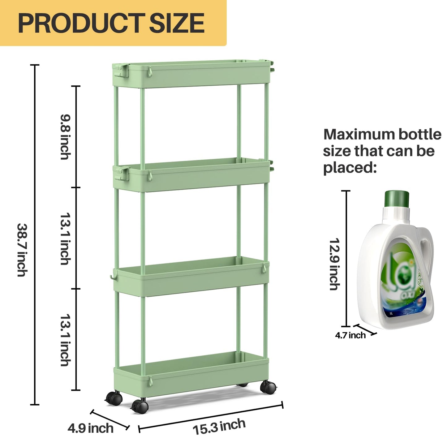 SPACEKEEPER Slim Rolling Storage Cart 4 Tier Bathroom Organizer Utility Cart Mobile Shelving Unit Tower Rack for Kitchen, Laundry Room, Bathroom, Narrow Places, Green