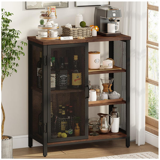 BON AUGURE Coffee Bar Cabinet for Home Liquor, Small Storage Cabinet for Kitchen and Entryway, Farmhouse Industrial Buffet Sideboard Credenza with Adjustable Shelves (Rustic Oak)