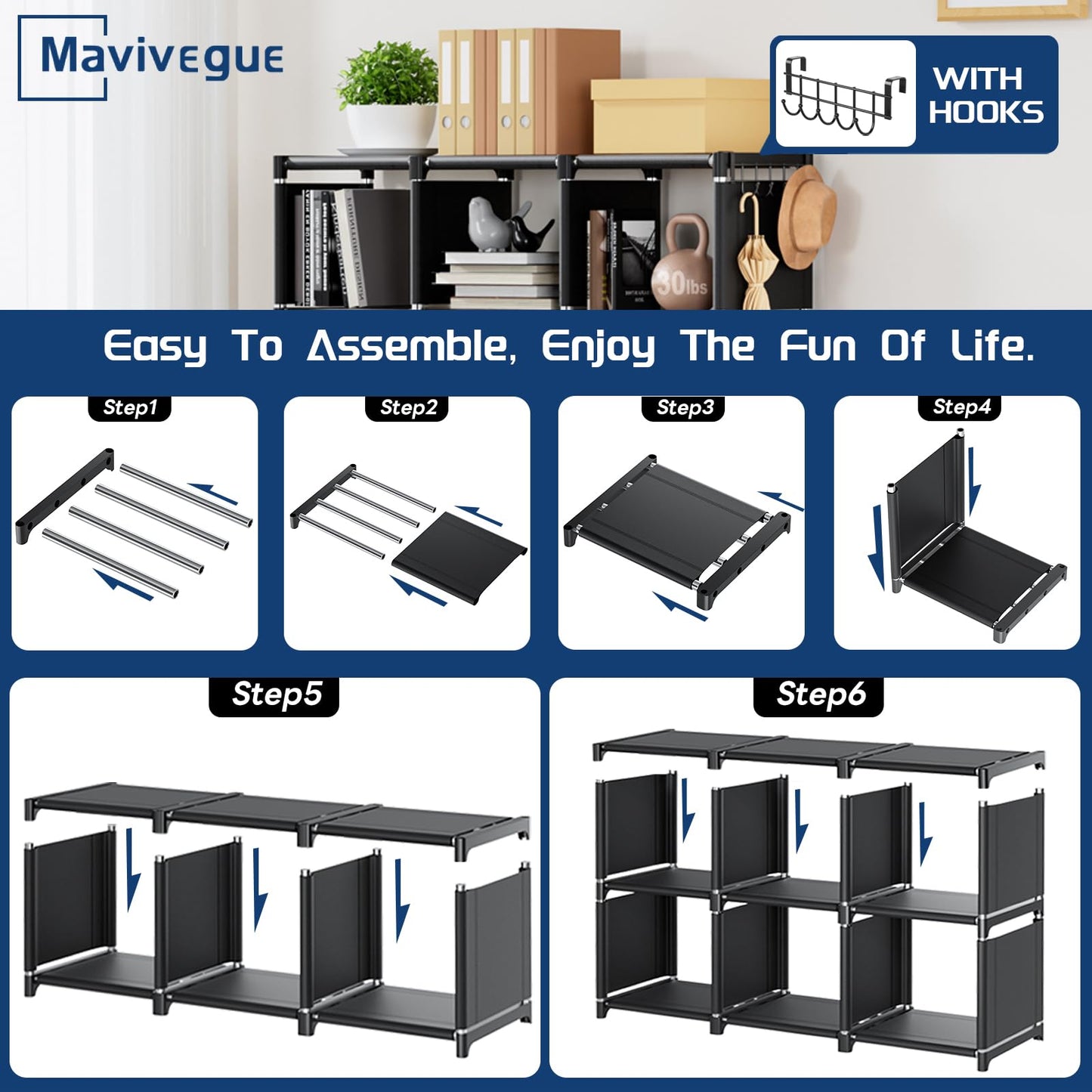 Mavivegue Book Shelf, 12 Cube Storage Organizer, DIY Bookcase, Metal Bookshelf,Tall Book case for Bedroom, Living Room,Office,Closet, Black Cubicle Rack