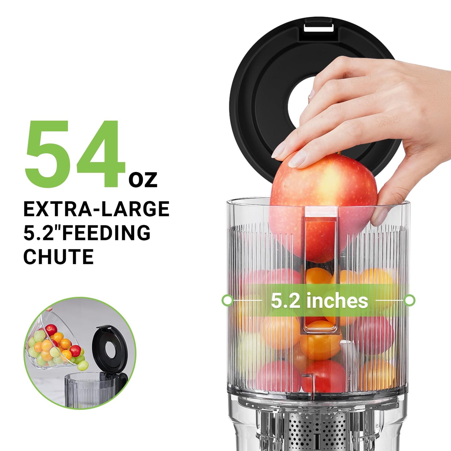 AMZCHEF Cold Press Juicer, Juicer Machines - 5.2" Large Feed Chute for Whole Fruits & Vegetables, Stainless Steel Slow Masticating Juicer Easy to Clean, Large Auger, Triple Strainers, Silver