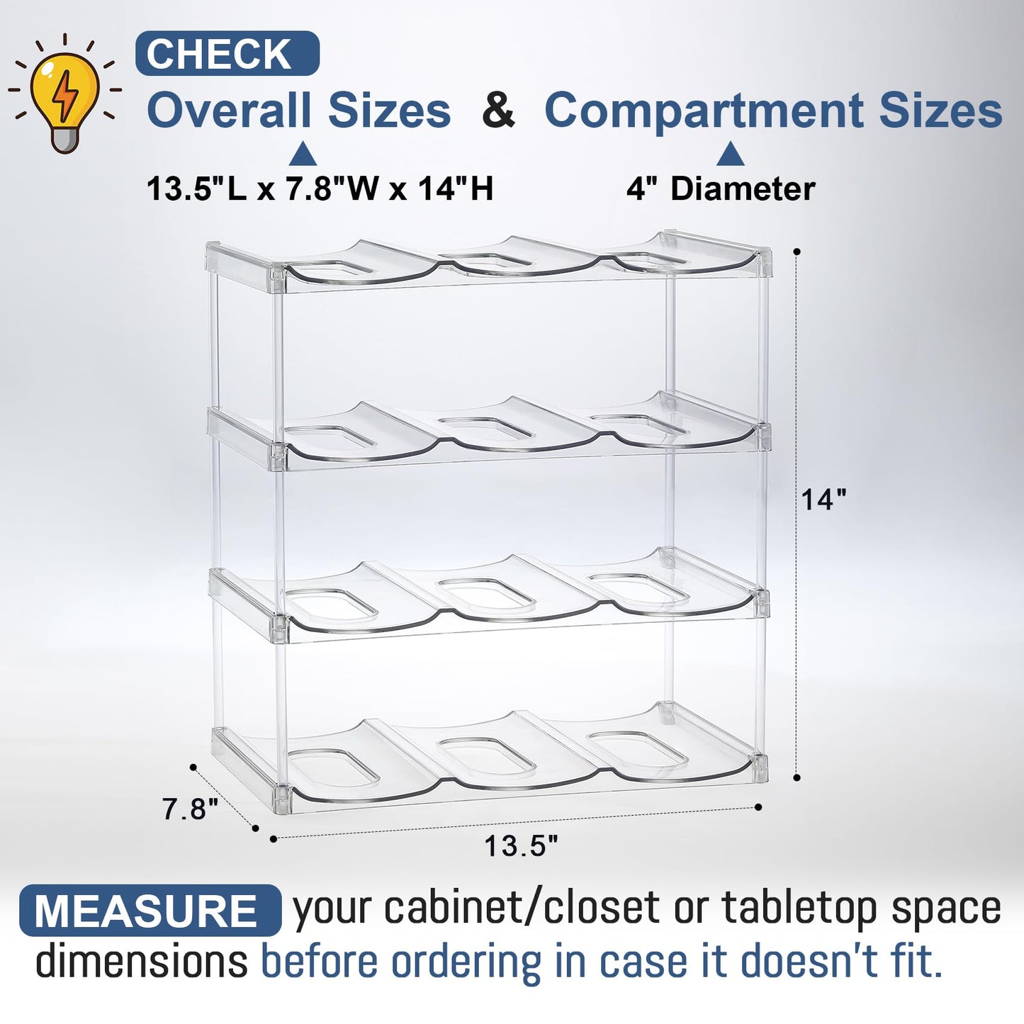 LANDNEOO Stackable Water Bottle Organizer Holder - for Stanley & Others' Large Tumbler Organization - Clear Wine Rack, Bottle Holder for Home Countertop Fridge Pantry Shelf, 4 Tier Hold 12