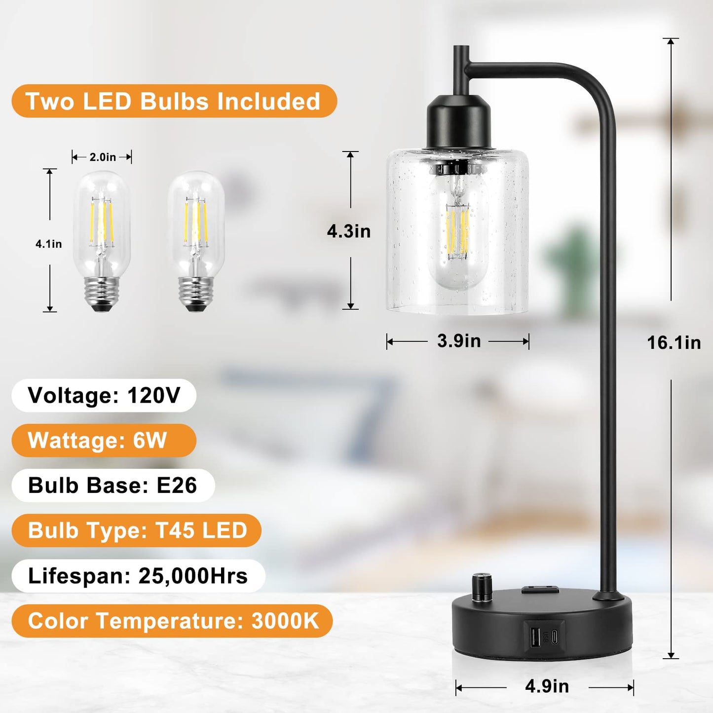 Industrial Table Lamps for Bedrooms Set of 2 - Fully Dimmable Bedside Lamps with USB A and C Ports and Outlet, Black Nightstand Lamps with Glass Shade for Living Room, Desk Lamps for Office Reading