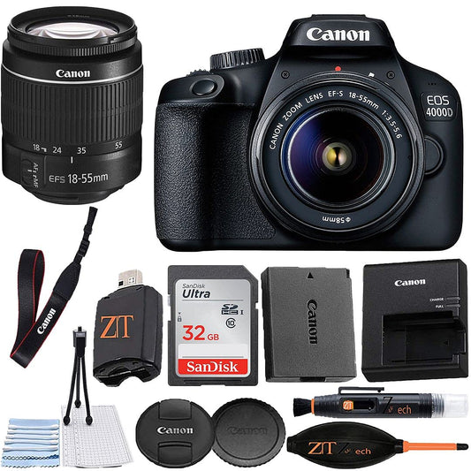 Canon EOS 4000D / Rebel T100 DSLR Camera 18-55mm Zoom Lens + ZeeTech Accessory Bundle with SanDisk 32GB Memory Card, Cleaning Starter Kit, High Speed Memory Card Reader (Renewed)