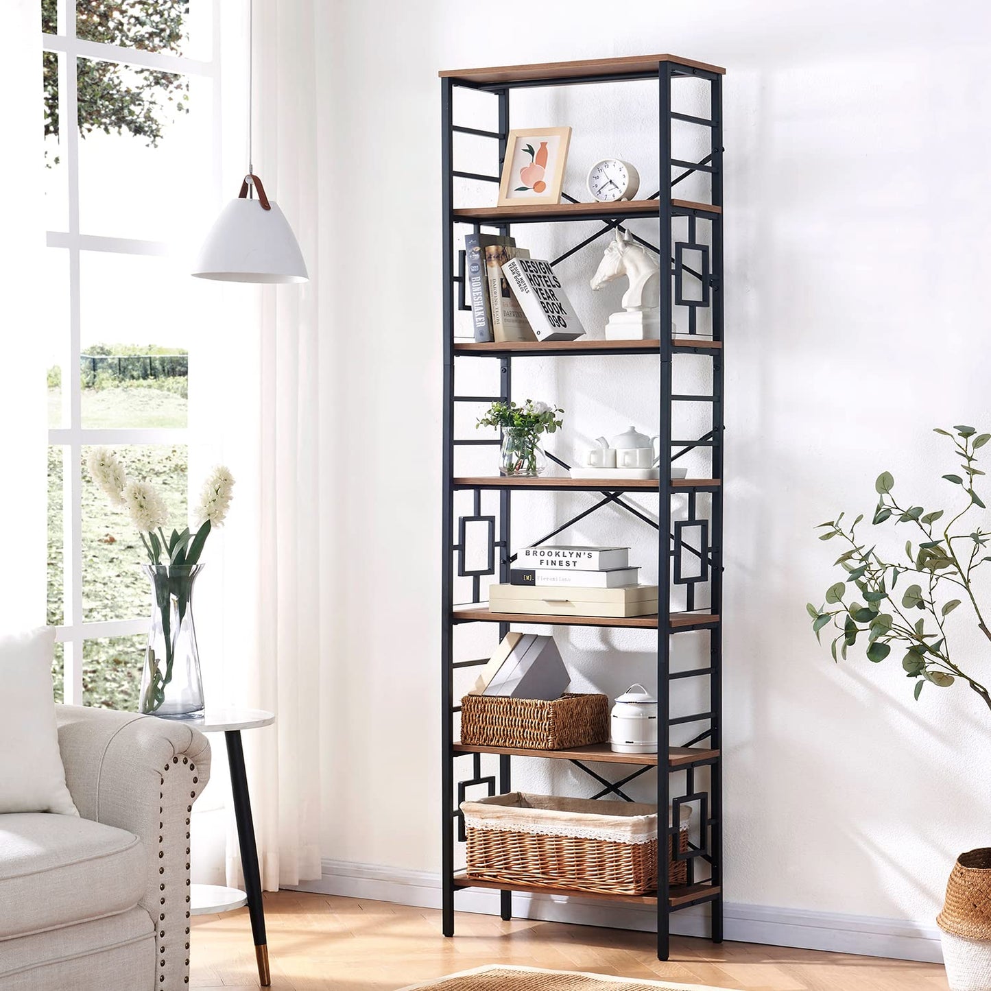 HOMISSUE Tall Bookshelf, 84 Inch Industrial Bookshelf with Metal Frame and Open Shelves, 7 Tier Metal Bookshelves and Bookcases, Rustic Tall Book Shelf for Office, Living Room and Bedroom, Brown