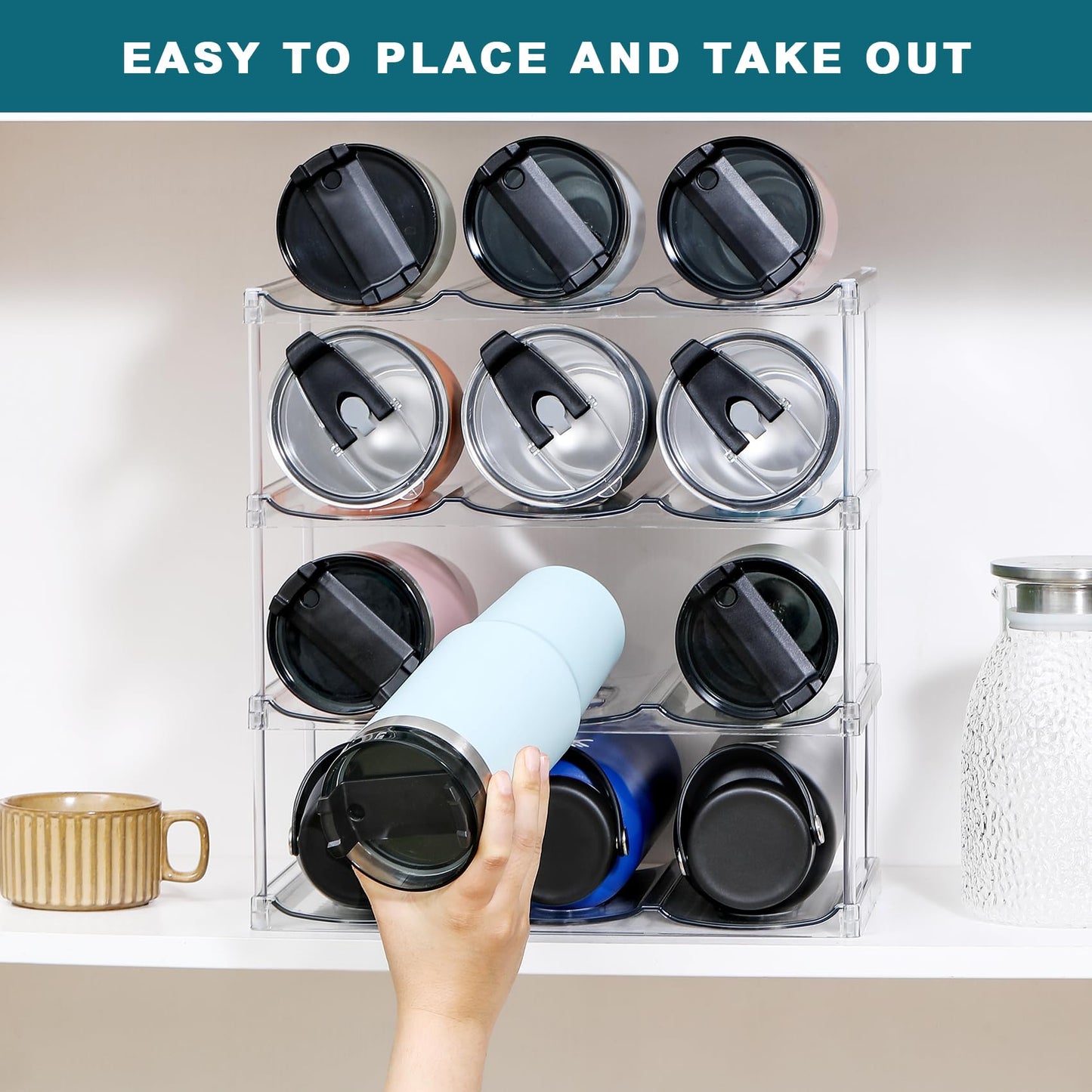 LANDNEOO Stackable Water Bottle Organizer Holder - for Stanley & Others' Large Tumbler Organization - Clear Wine Rack, Bottle Holder for Home Countertop Fridge Pantry Shelf, 4 Tier Hold 12