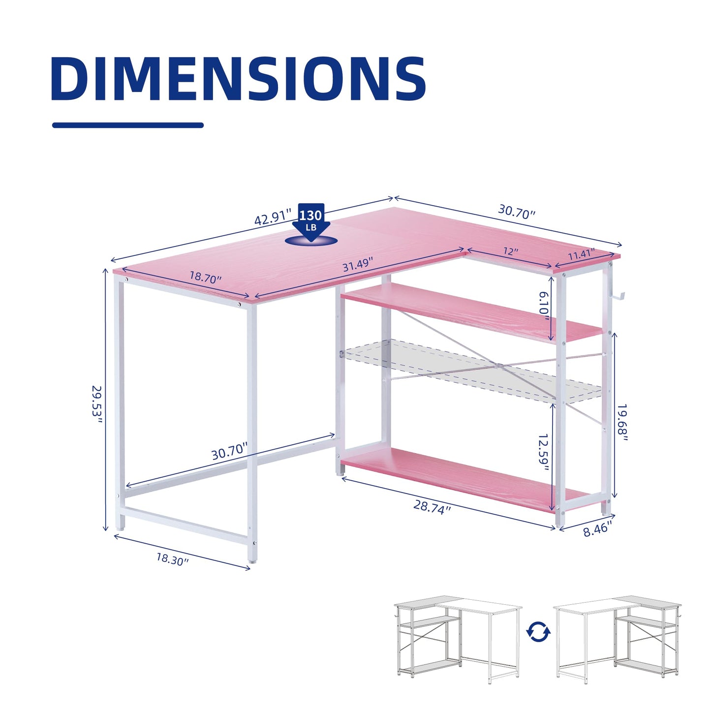 Pamray 43 Inch L Shaped Computer Desk with Reversible Side Storage Shelves, Small Corner Desk for Small Space Home Office,Writing Study Table PC Desk for Bedroom,Pink with White Leg