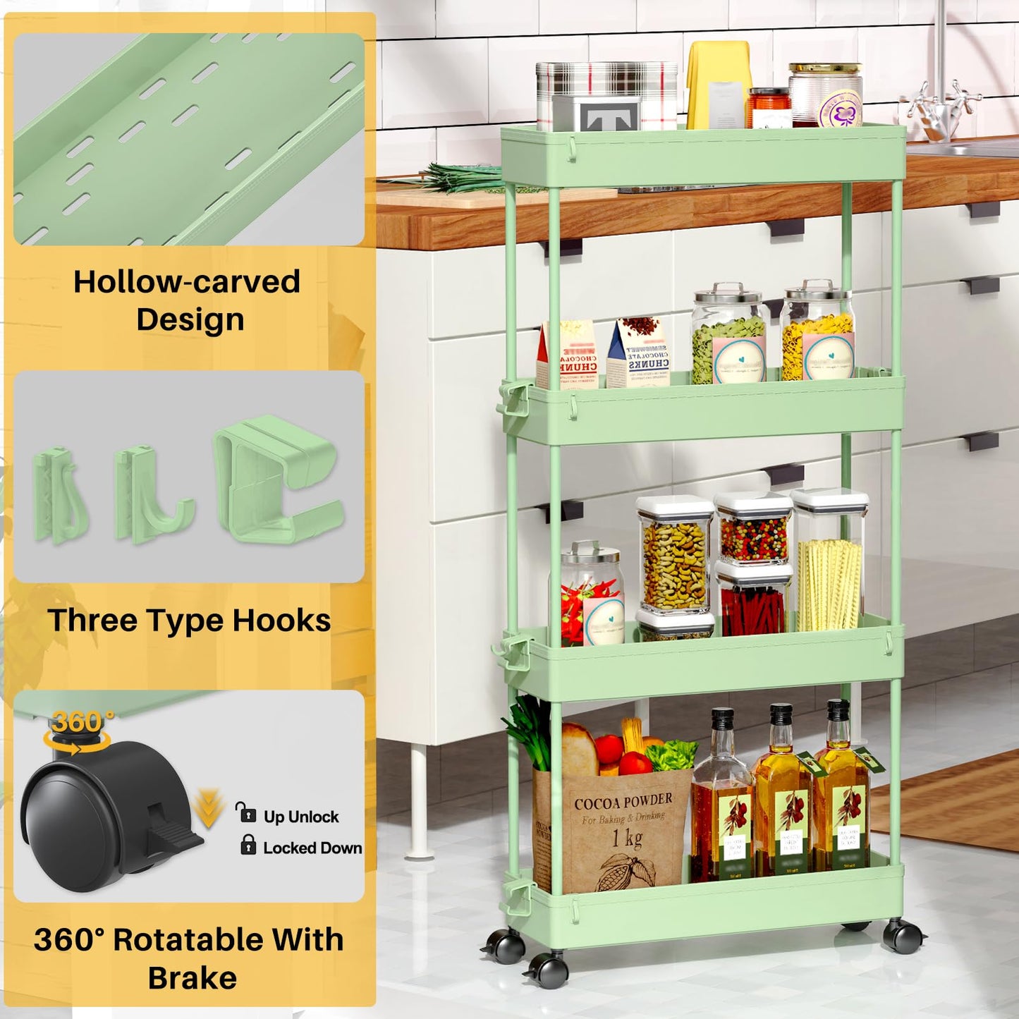 SPACEKEEPER Slim Rolling Storage Cart 4 Tier Bathroom Organizer Utility Cart Mobile Shelving Unit Tower Rack for Kitchen, Laundry Room, Bathroom, Narrow Places, Green