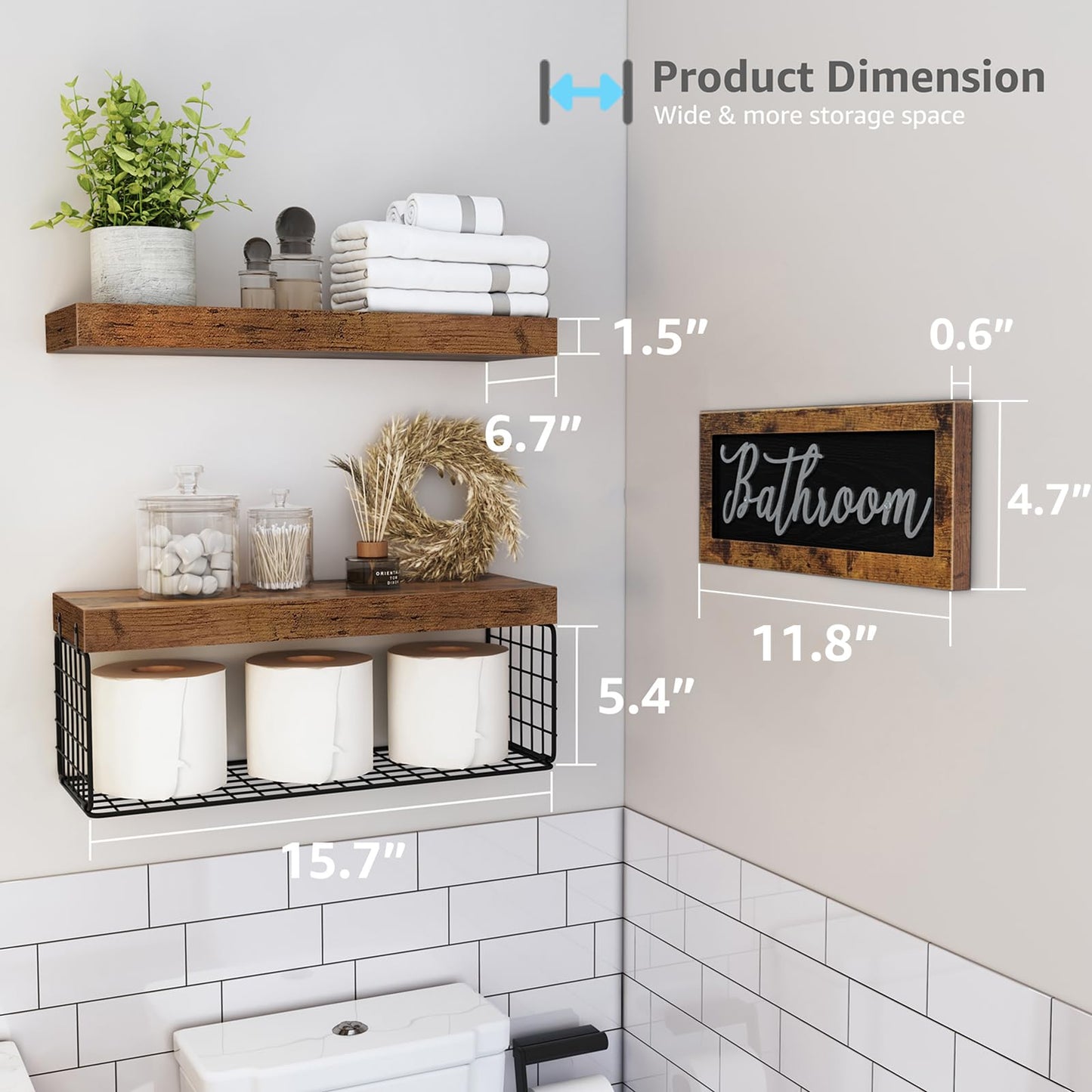 QEEIG ‎Bathroom Shelves Over Toilet - Paper Storage Wall Mounted Farmhouse Decor Decorations Aesthetic Décor Sign Small Floating Wall Shelf 2+1 Set 16 inch, Rustic Brown (020BN)