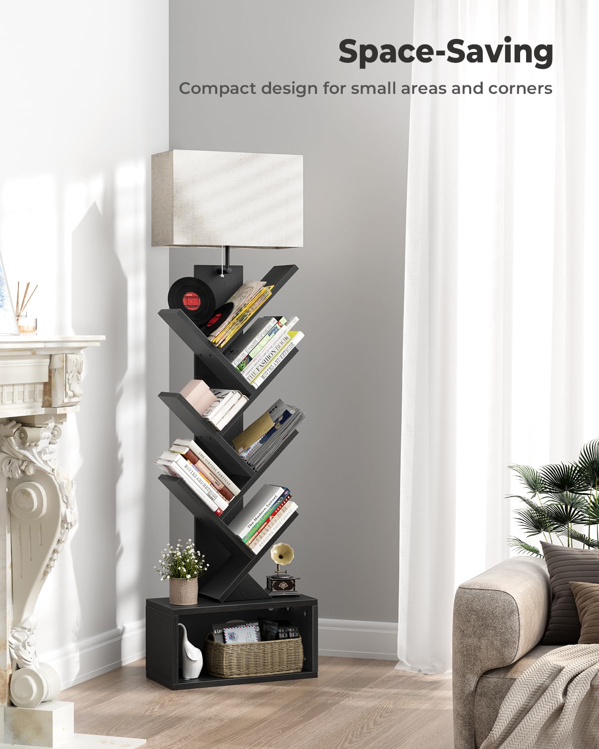 Evermagin 6 Tier Tree Bookshelf with Light, Narrow Bookcase Tower, Tall Floor Standing Book Shelf Organizer with Storage Cabinet for Living Room, Bedroom and Home Office, Black