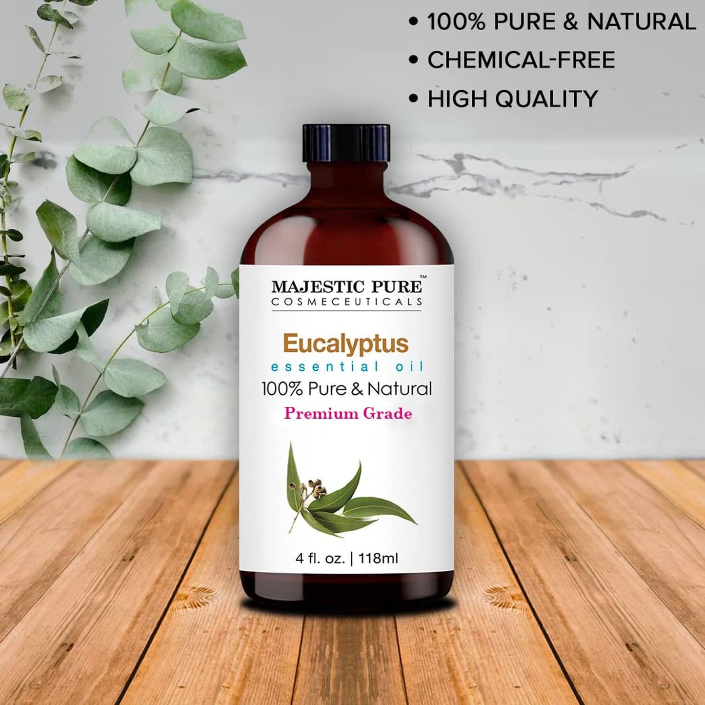 MAJESTIC PURE Eucalyptus Essential Oil | 100% Pure and Natural Eucalyptus Oil | Premium Grade Essential Oils for Hair Care, Home Diffusers, Skin, Aromatherapy, Massage and Humidifiers | 118 ml