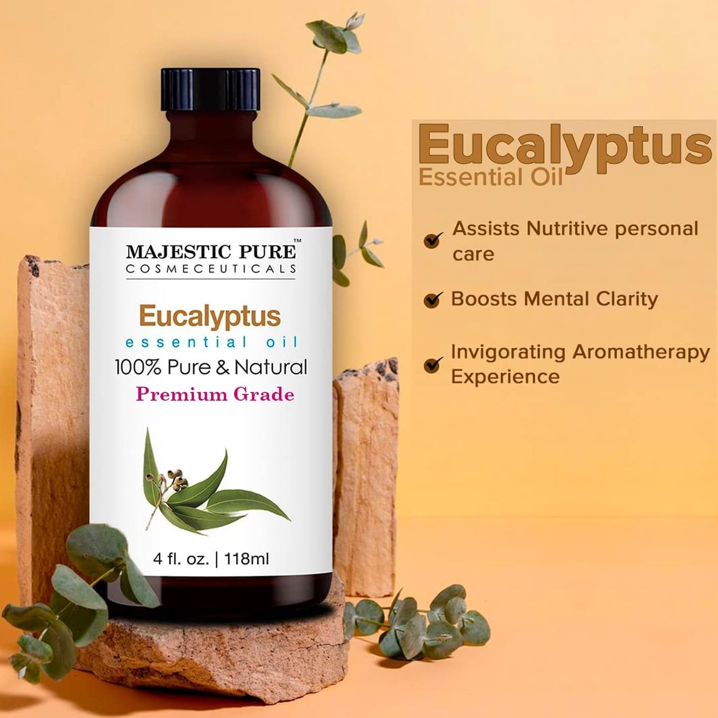 MAJESTIC PURE Eucalyptus Essential Oil | 100% Pure and Natural Eucalyptus Oil | Premium Grade Essential Oils for Hair Care, Home Diffusers, Skin, Aromatherapy, Massage and Humidifiers | 118 ml