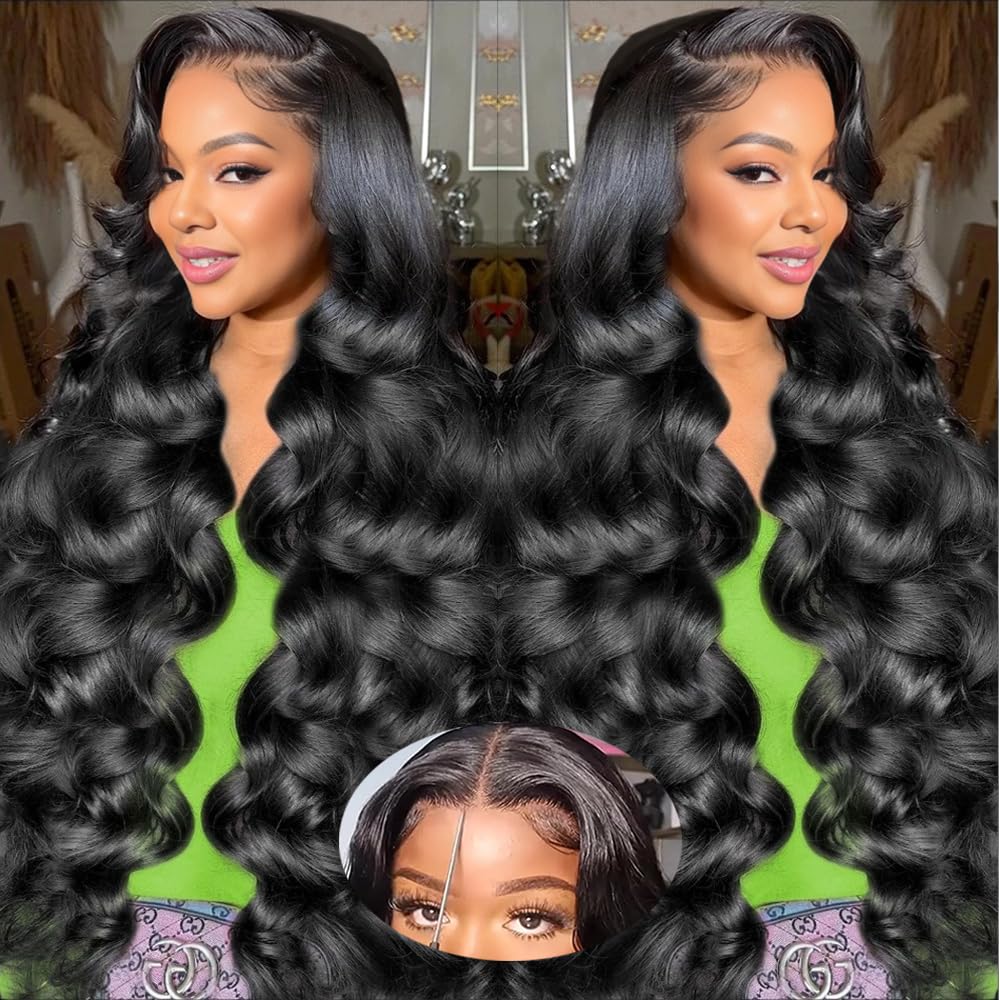 JIELIFA 28 Inch Glueless Wigs Human Hair Pre Plucked Pre Cut 180% Density Wear and Go Glueless Wig 13x4 HD Body Wave Lace Front Wigs Human Hair for Women Frontal Wigs Human Hair with Baby Hair