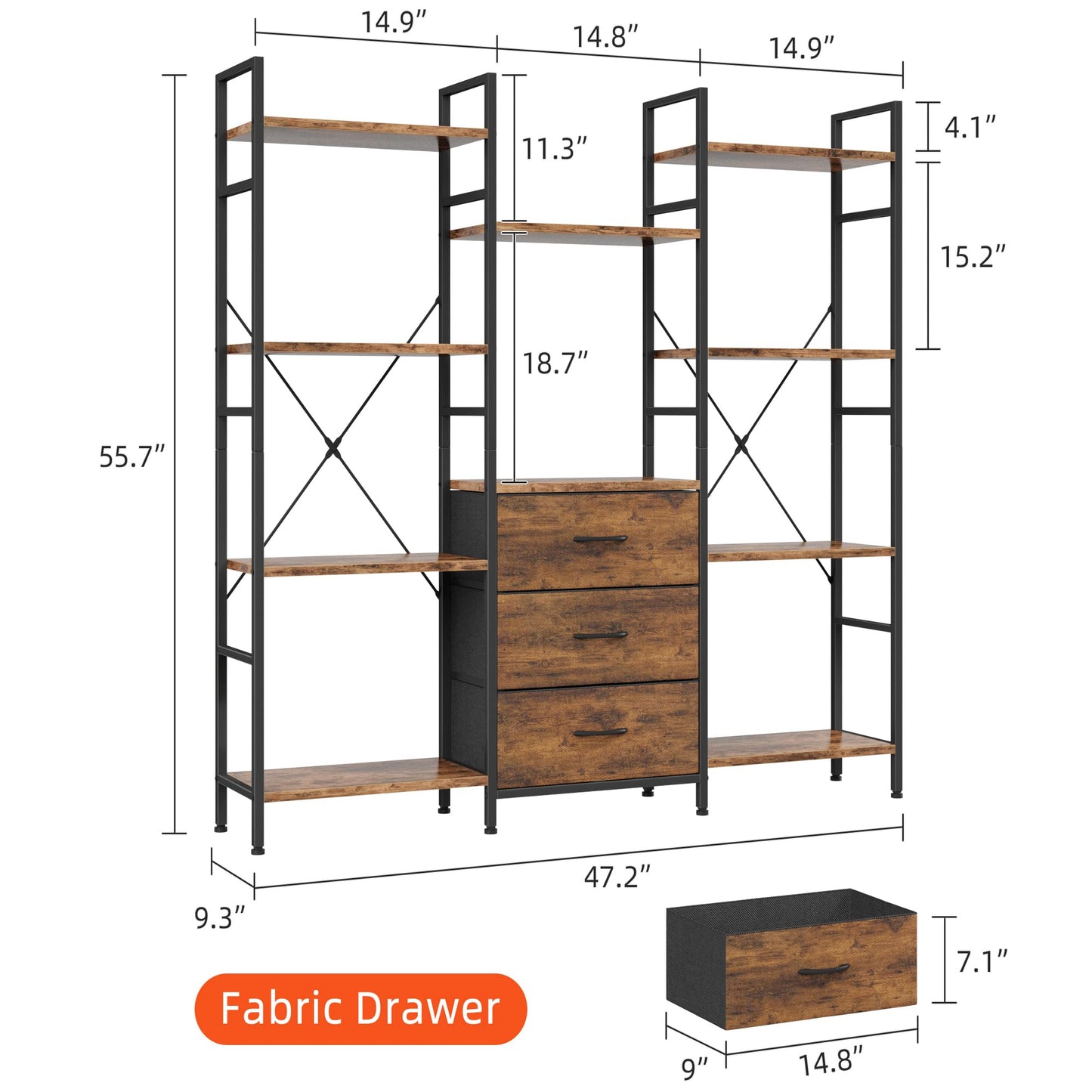 AFLUI Triple Bookshelf with 3 Drawers, Wide 4-Tier Book Shelf and 10 Display Shelves, Industrial Large Bookcase for Home & Office, Rustic Brown