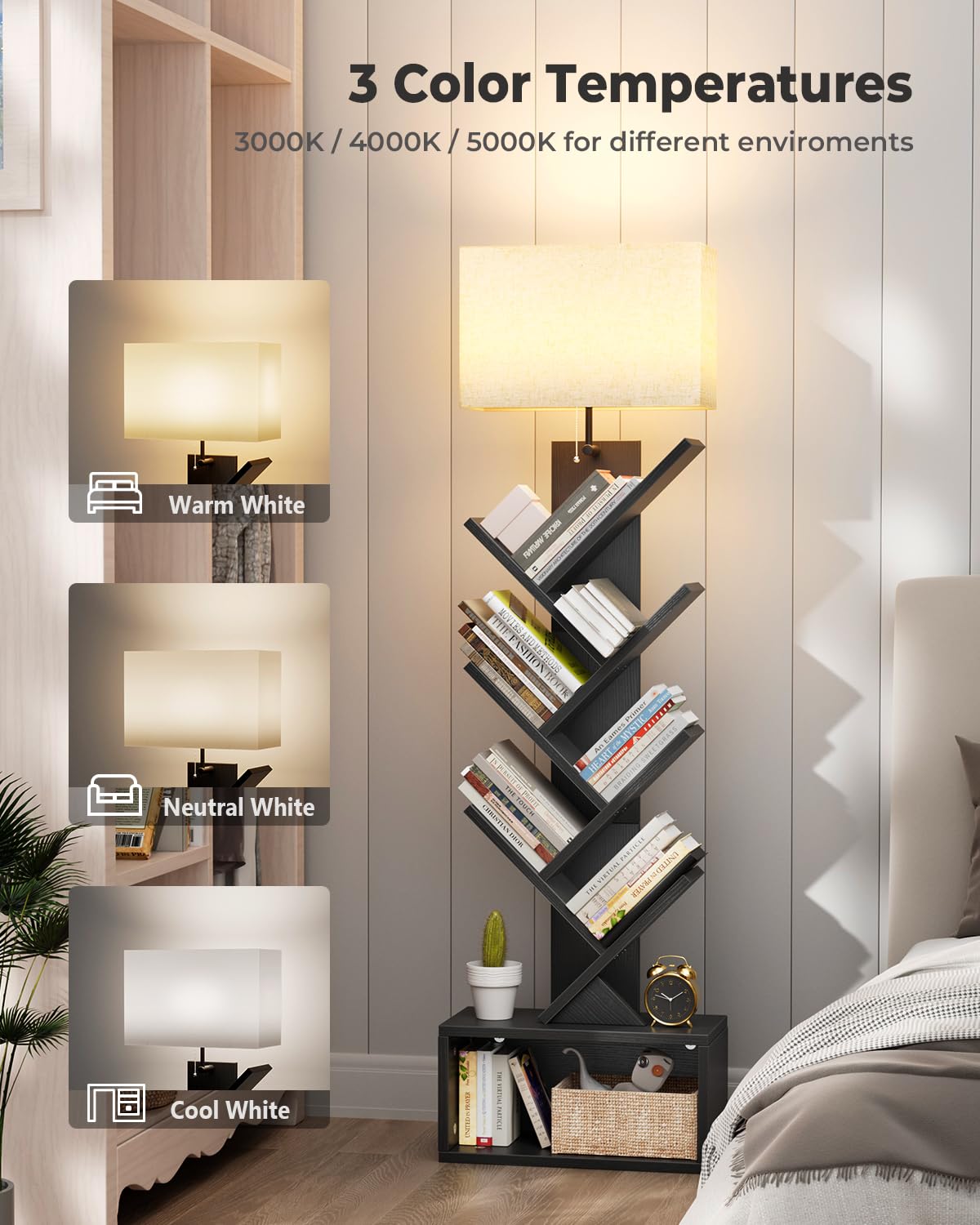 Evermagin 6 Tier Tree Bookshelf with Light, Narrow Bookcase Tower, Tall Floor Standing Book Shelf Organizer with Storage Cabinet for Living Room, Bedroom and Home Office, Black