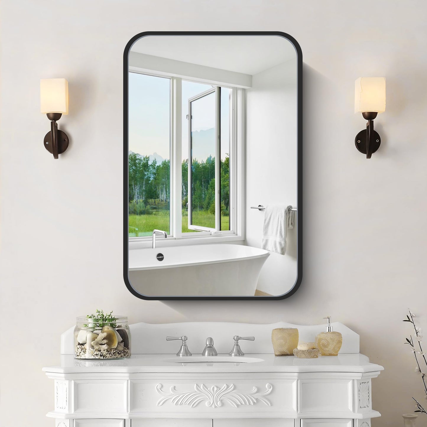 NIMURY Recessed Medicine Cabinet with Mirror, Metal Framed 16x24In Bathroom Mirror Cabinet Wall Mounted, Rounded Rectangle Vanity Mirror with Storage, Black Wall Cabinets Mirror for Bathroom Storage