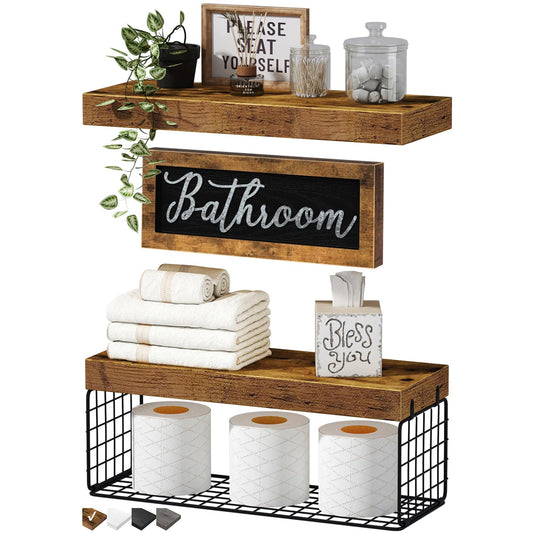 QEEIG ‎Bathroom Shelves Over Toilet - Paper Storage Wall Mounted Farmhouse Decor Decorations Aesthetic Décor Sign Small Floating Wall Shelf 2+1 Set 16 inch, Rustic Brown (020BN)