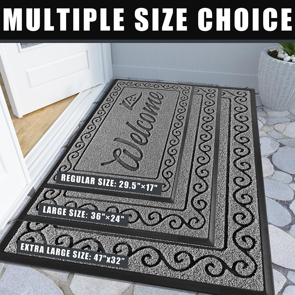 Yimobra Welcome Mat, Heavy Duty Sturdy Door Mats for Home Entrance Outdoor Indoor, Front Doormat for Outside Patio Floor Entry Porch Garage Office, Waterproof, Low Profile, 29.5 x 17, Black Grey