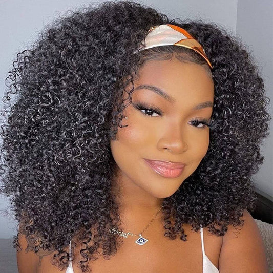 ISEE Hair Afro Kinky Curly Headband Wig Human Hair 180% Density Afro Wigs for Black Women Natural Curls 10A Glueless Human Hair Wigs (16 Inch)