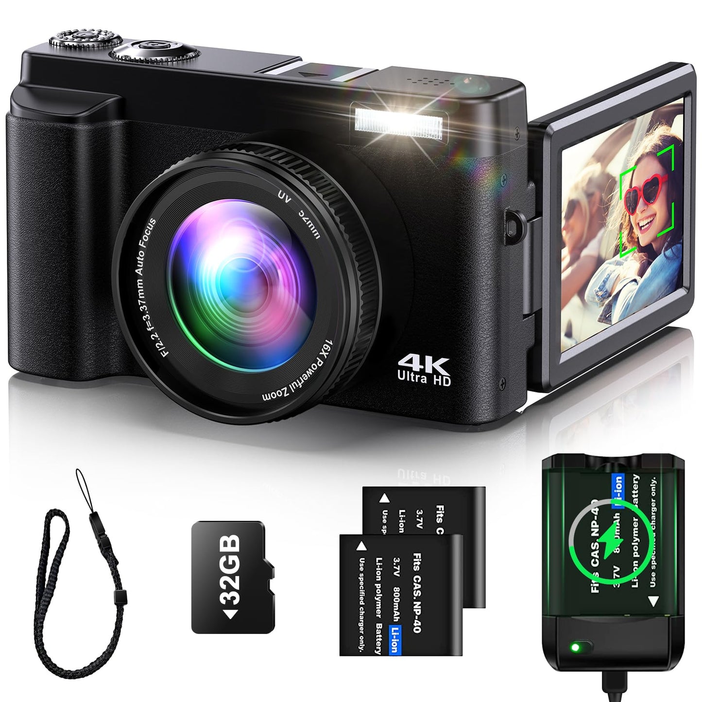 4K Digital Camera for Photography Auto-Focus Vlogging Camera for YouTube Video with 3'' 180° Flip Screen 16X Anti-Shake 4K Camera Compact Cameras with SD Card, Flash, 2 Batteries & Battery Charger