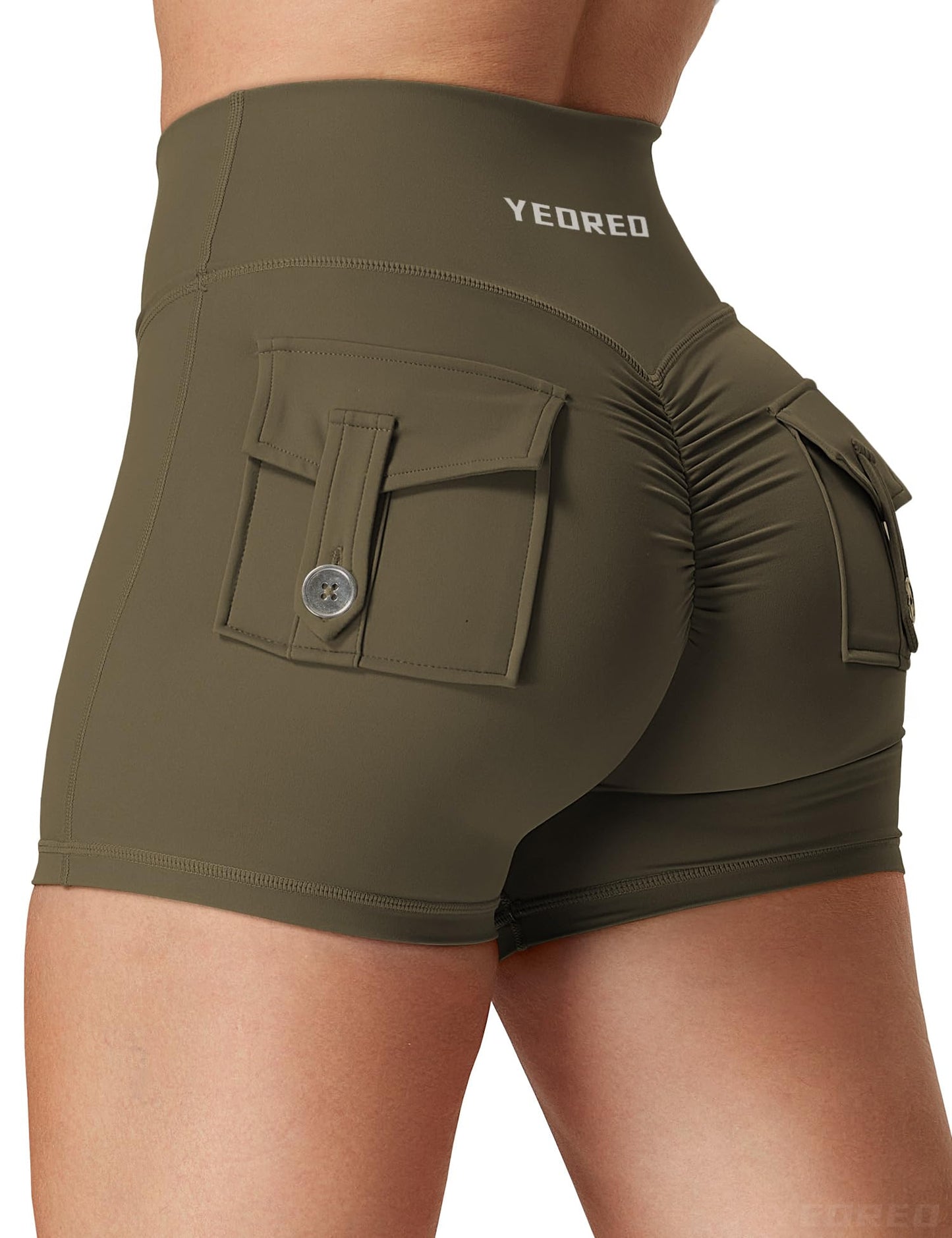 YEOREO Scrunch Workout Shorts with Pockets Charm Gym Biker Shorts for Women High Waisted Yoga Booty Shorts Olive Green S