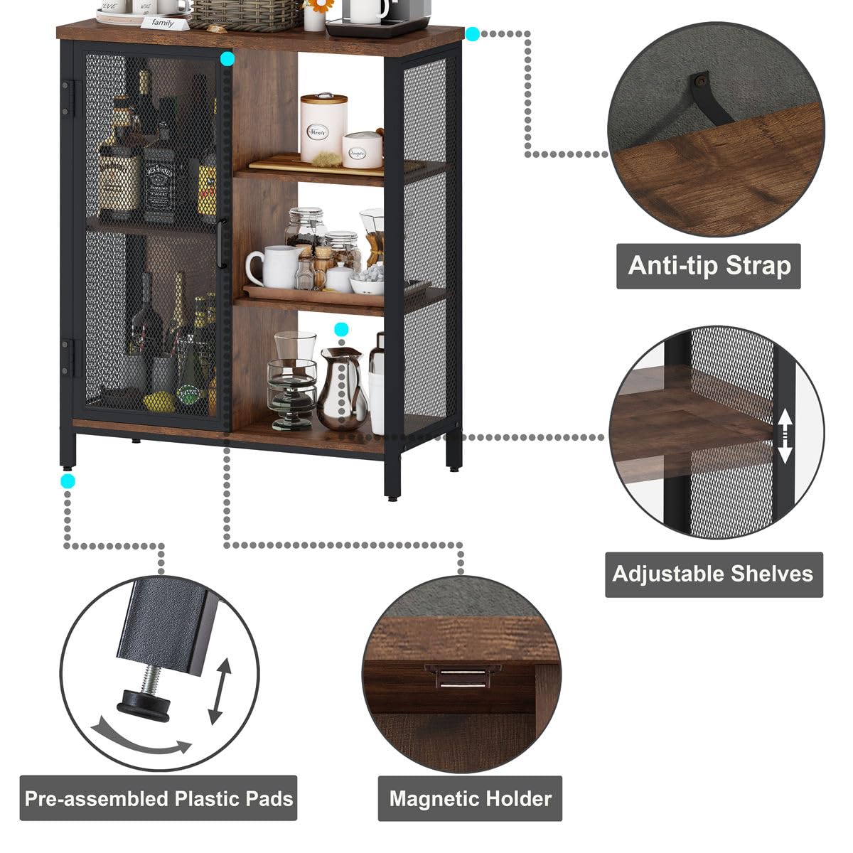 BON AUGURE Coffee Bar Cabinet for Home Liquor, Small Storage Cabinet for Kitchen and Entryway, Farmhouse Industrial Buffet Sideboard Credenza with Adjustable Shelves (Rustic Oak)