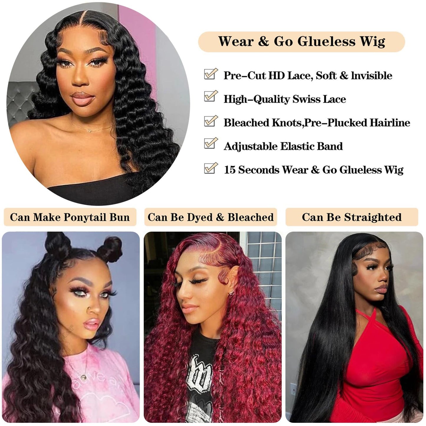 Wear and Go Glueless Wigs Human Hair Loose Deep Wave Lace Front Wigs Human Hair 12A Glueless Wigs Human Hair Pre Plucked Pre Cut 5x5 HD Closure Wigs Bleached Knots 210% Density (28 Inch)