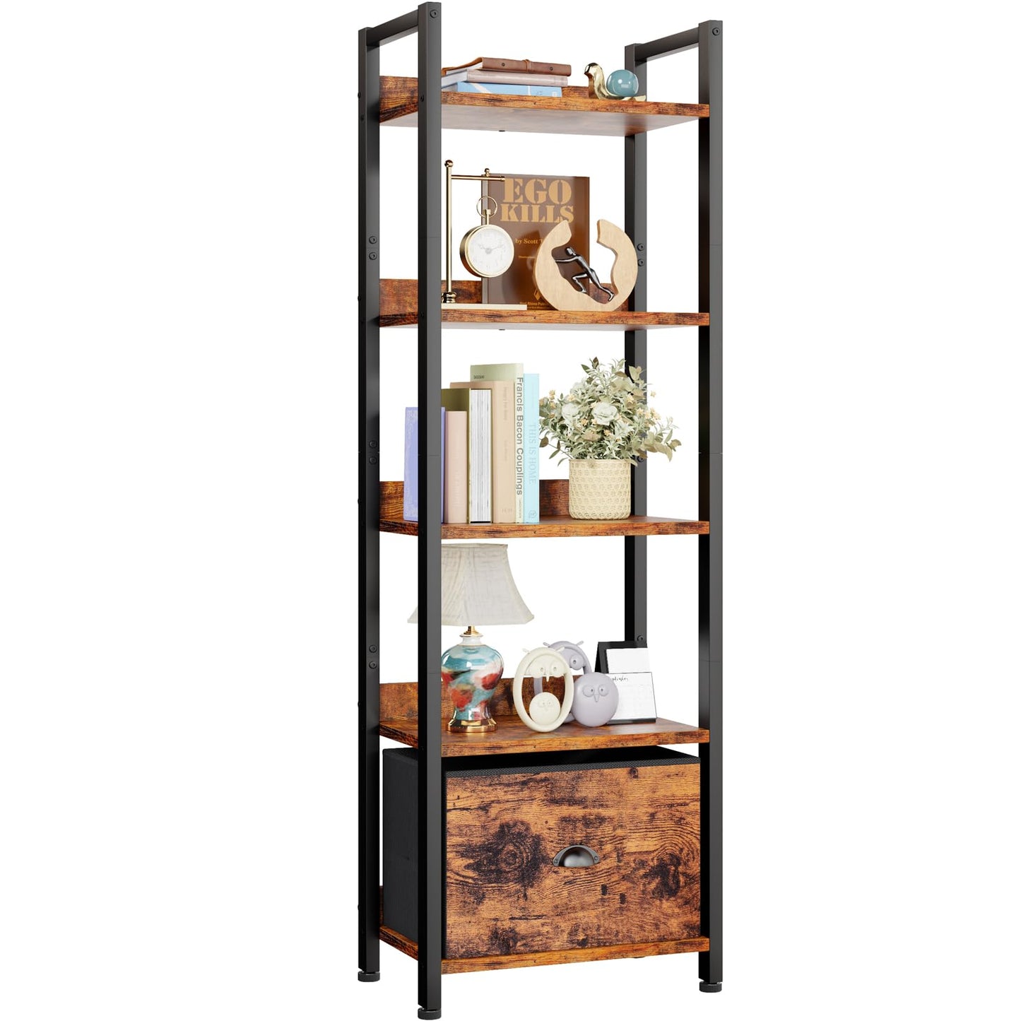 Furologee 5 Tier Bookshelf with Drawer, Tall Narrow Bookcase with Shelves, Wood and Metal Bookshelves Storage Organizer, Industrial Display Standing Shelf Unit for Bedroom, Living Room, Rustic Brown