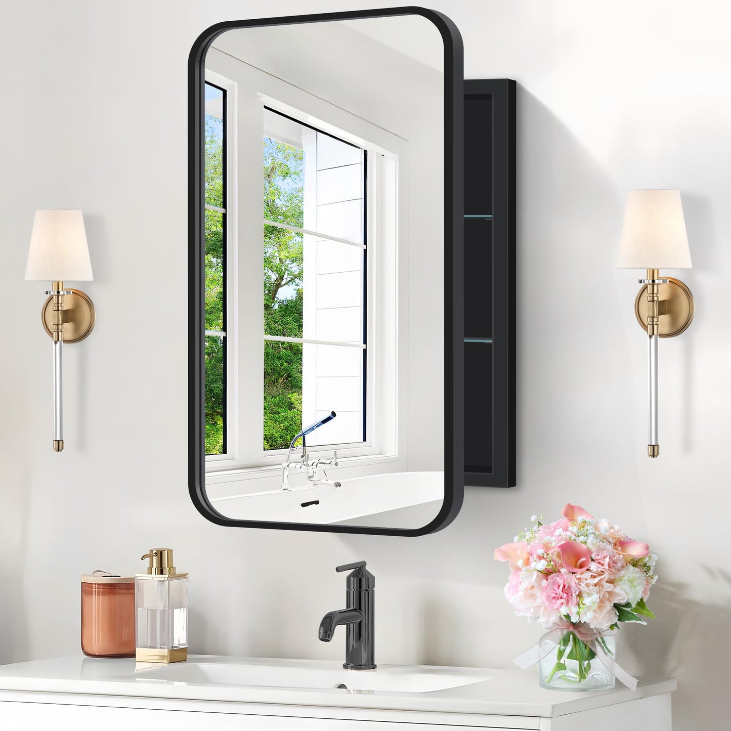 NIMURY Recessed Medicine Cabinet with Mirror, Metal Framed 16x24In Bathroom Mirror Cabinet Wall Mounted, Rounded Rectangle Vanity Mirror with Storage, Black Wall Cabinets Mirror for Bathroom Storage