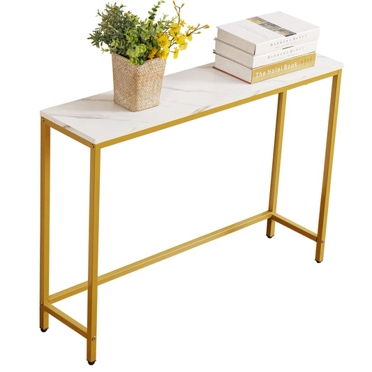 loglus Console Table for Entryway, Faux Marble MDF Sofa Table with Golden Frame (Single Layer, White Marble)