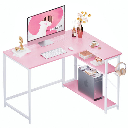 Pamray 43 Inch L Shaped Computer Desk with Reversible Side Storage Shelves, Small Corner Desk for Small Space Home Office,Writing Study Table PC Desk for Bedroom,Pink with White Leg