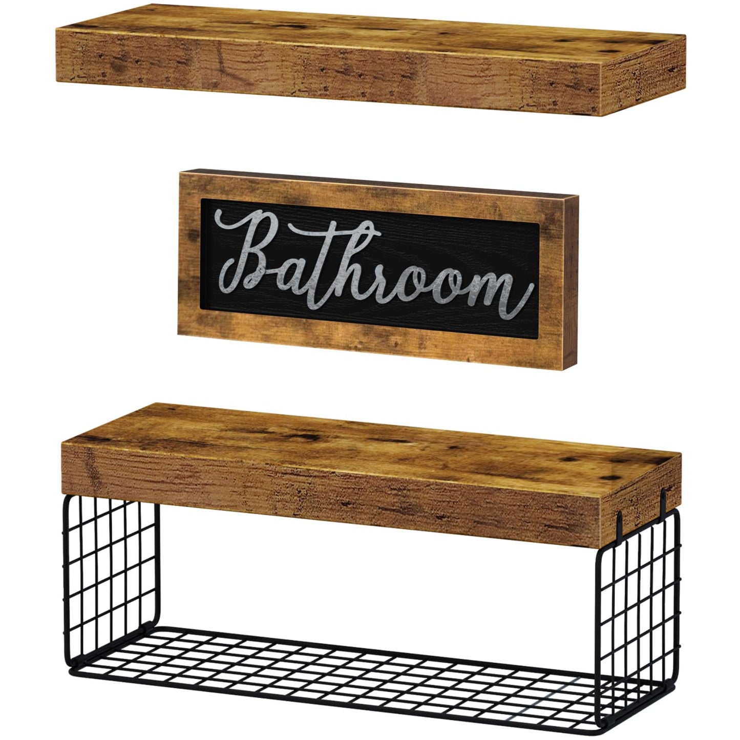 QEEIG ‎Bathroom Shelves Over Toilet - Paper Storage Wall Mounted Farmhouse Decor Decorations Aesthetic Décor Sign Small Floating Wall Shelf 2+1 Set 16 inch, Rustic Brown (020BN)