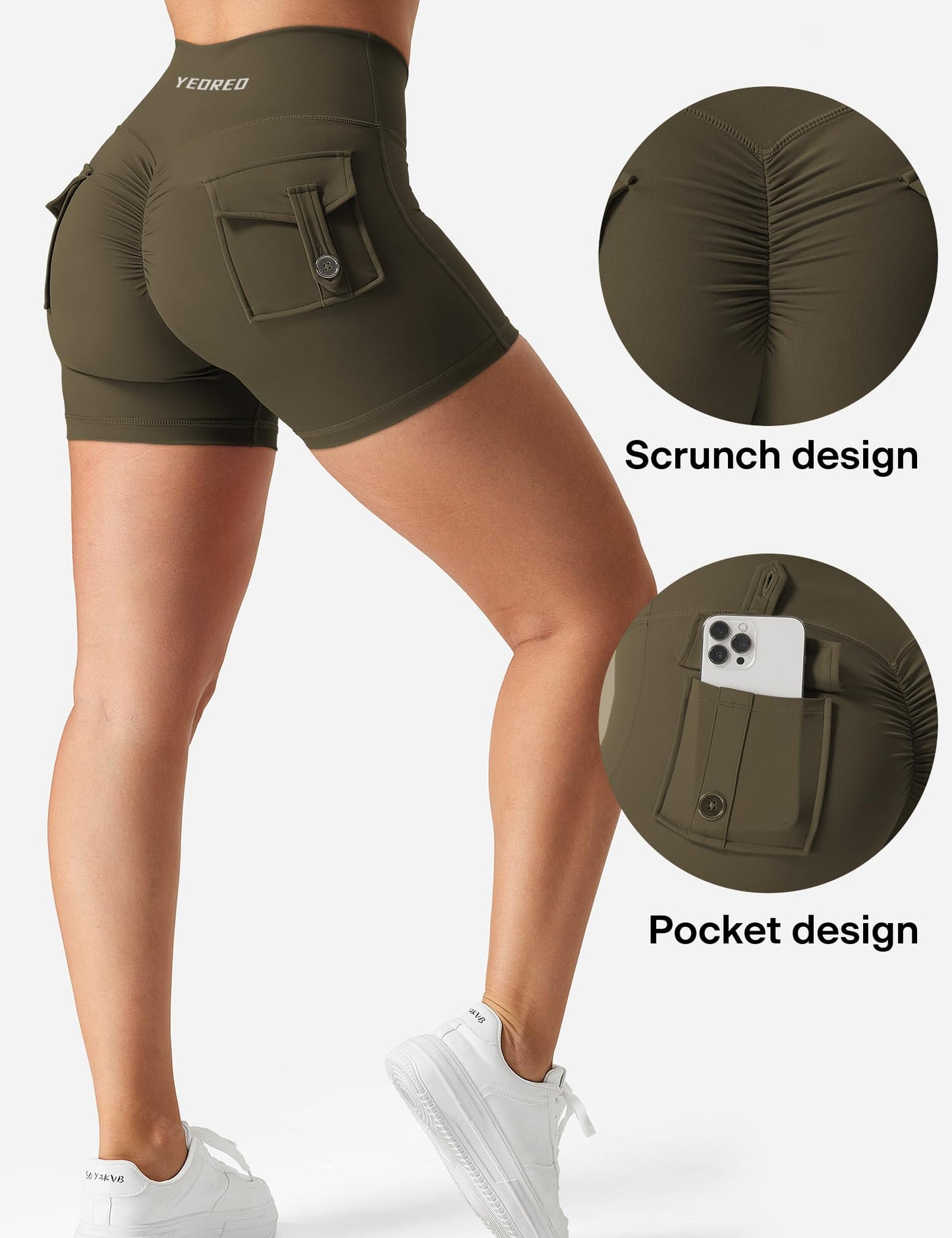 YEOREO Scrunch Workout Shorts with Pockets Charm Gym Biker Shorts for Women High Waisted Yoga Booty Shorts Olive Green S