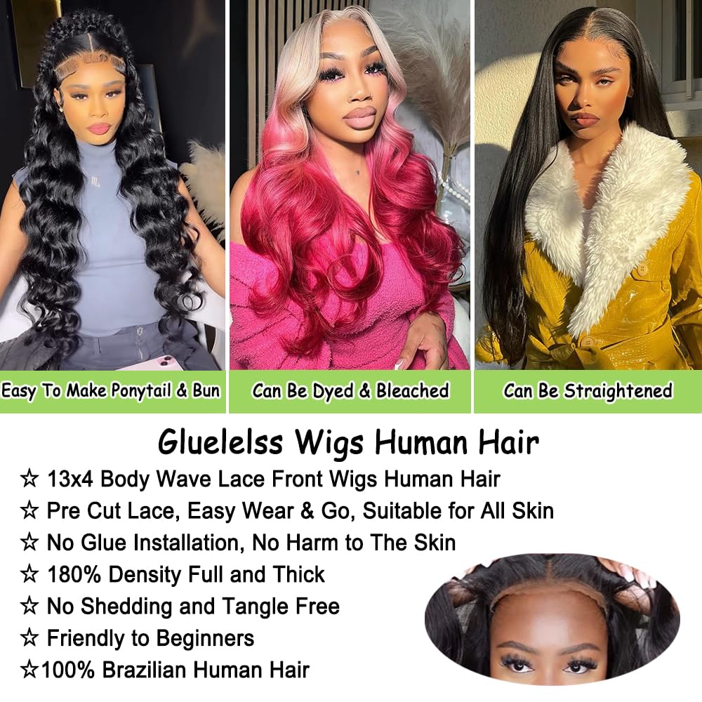 JIELIFA 28 Inch Glueless Wigs Human Hair Pre Plucked Pre Cut 180% Density Wear and Go Glueless Wig 13x4 HD Body Wave Lace Front Wigs Human Hair for Women Frontal Wigs Human Hair with Baby Hair