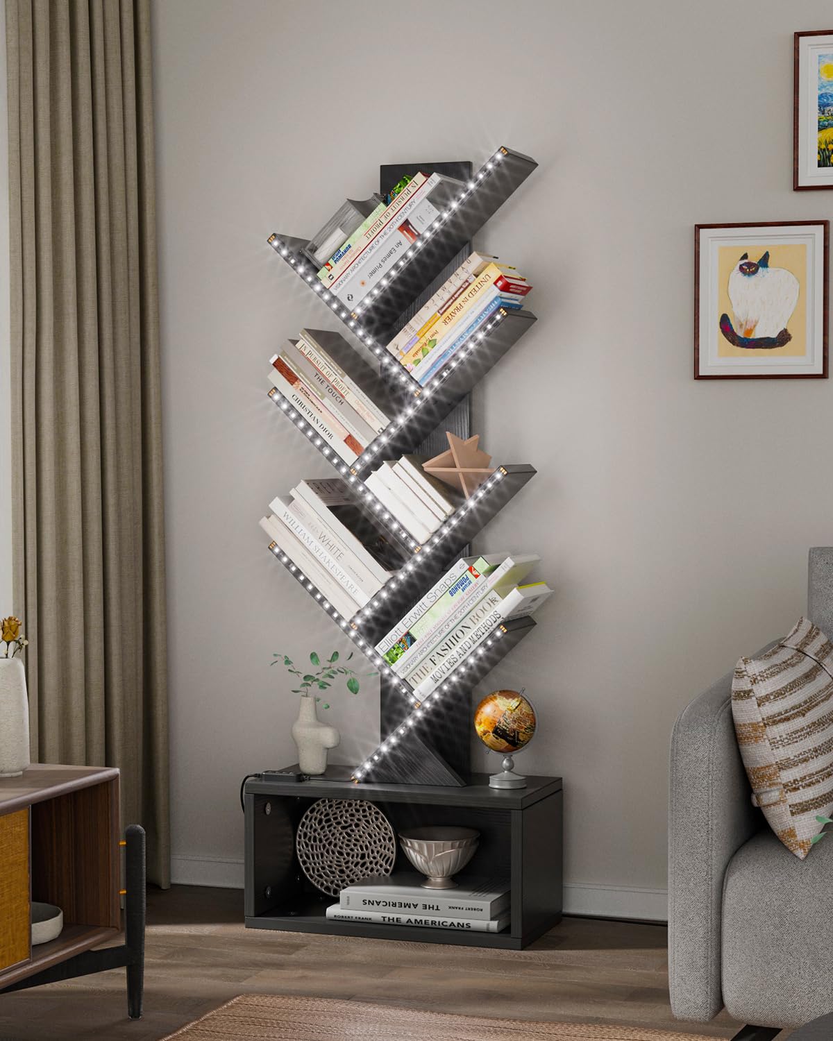 Evermagin 6 Tier Tree Bookshelf with LED Light, Vertical Bookcase Tower with Remote App Control, Music Sync Color Changing Floor Standing Book Shelf, Black