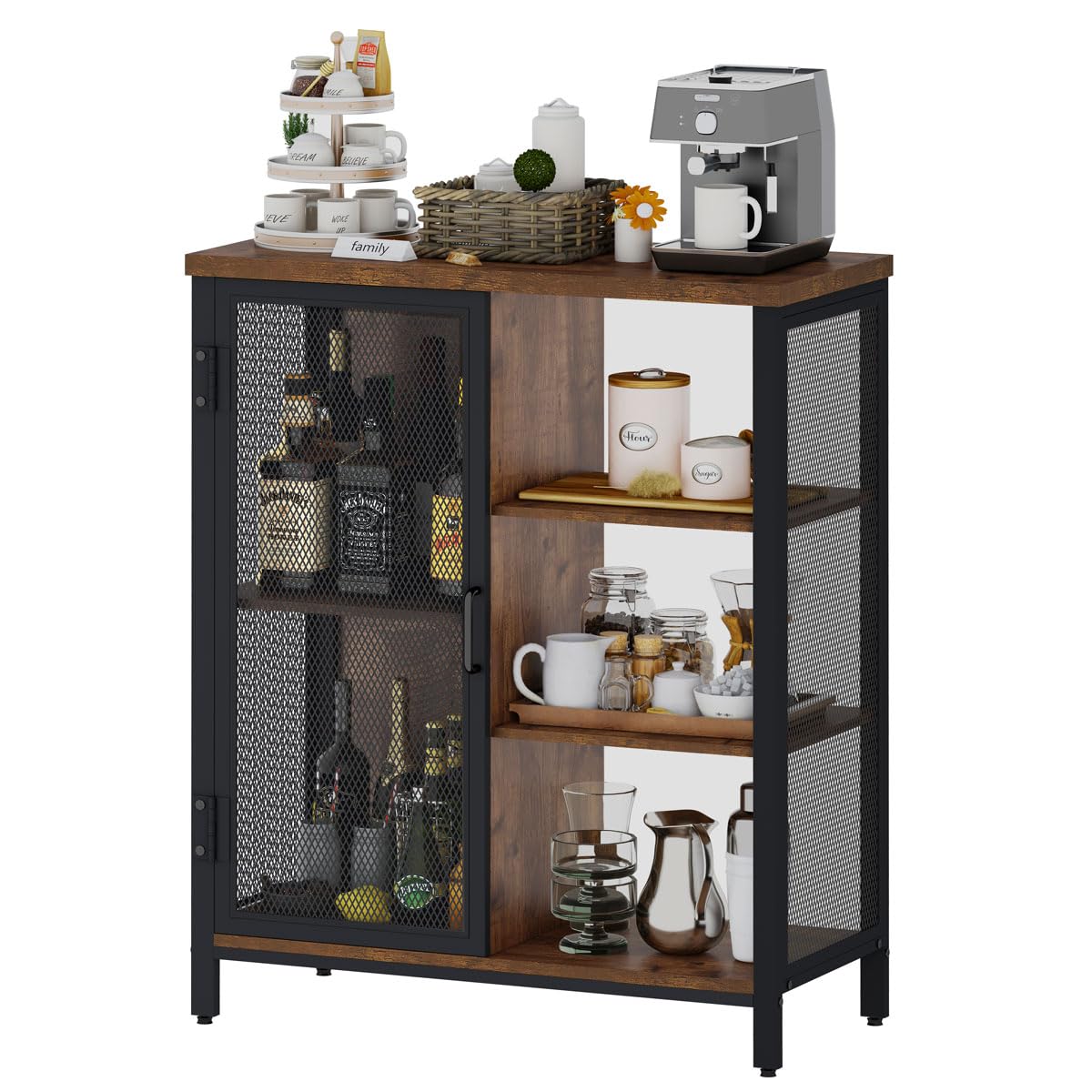 BON AUGURE Coffee Bar Cabinet for Home Liquor, Small Storage Cabinet for Kitchen and Entryway, Farmhouse Industrial Buffet Sideboard Credenza with Adjustable Shelves (Rustic Oak)