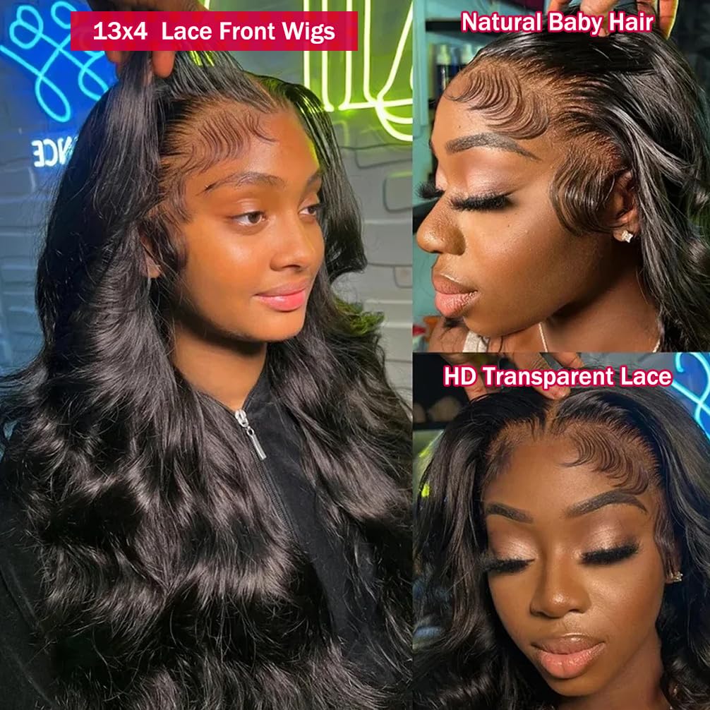 Vipeony 28 Inch Body Wave Lace Front Wigs Human Hair 13x4 HD Lace Front Wigs Human Hair Glueless Wigs Human Hair Pre Plucked Frontal Wigs Human Hair for Women 180% Density Body Wave Wig with Baby Hair